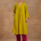 trueBrowns Lime Velvet Yoke Embroidered Kurta | Swadesiicart