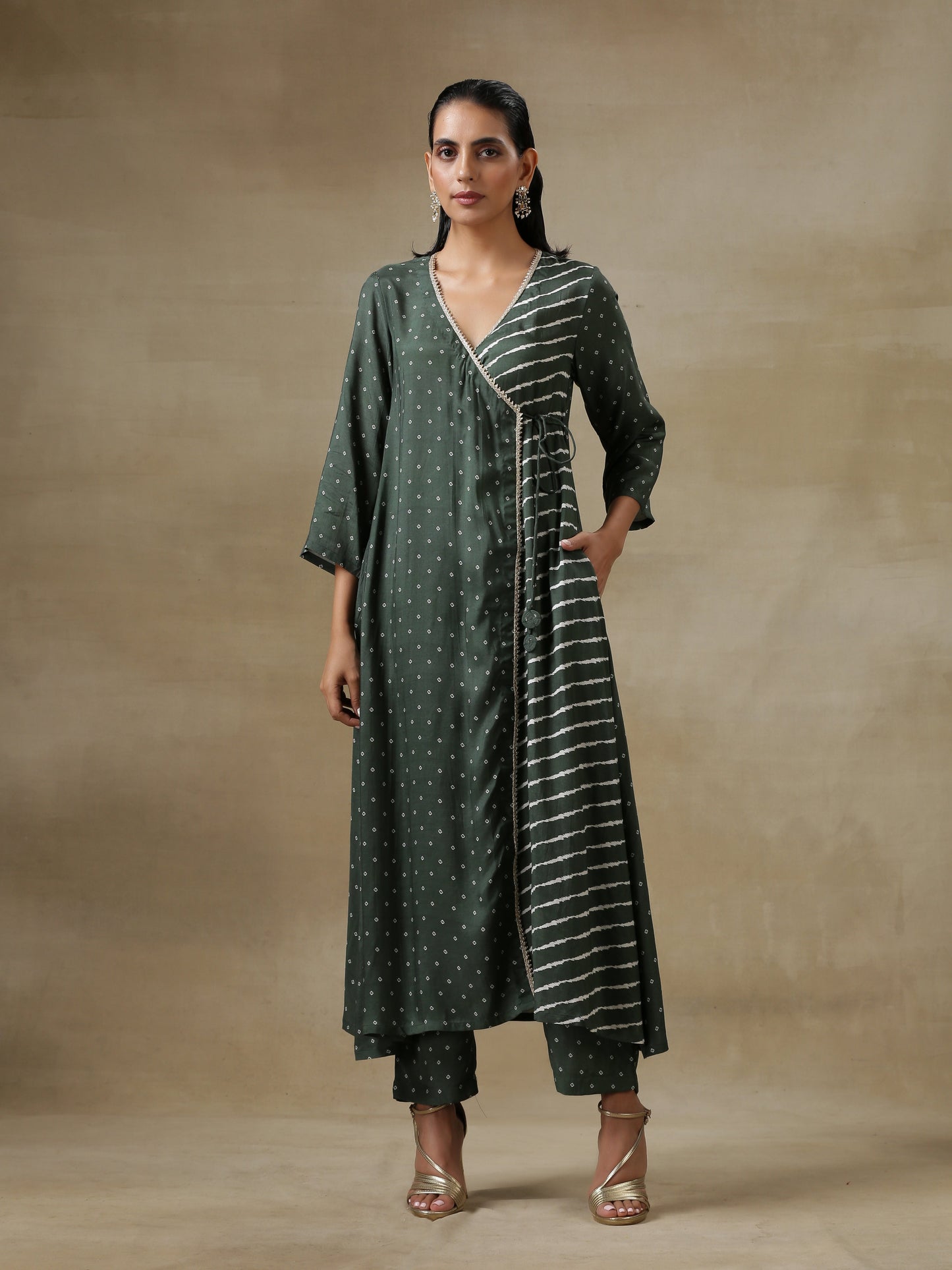 trueBrowns Dark Green Bandhani Printed Silk Angrakha Kurta Pant Set | Swadesiicart