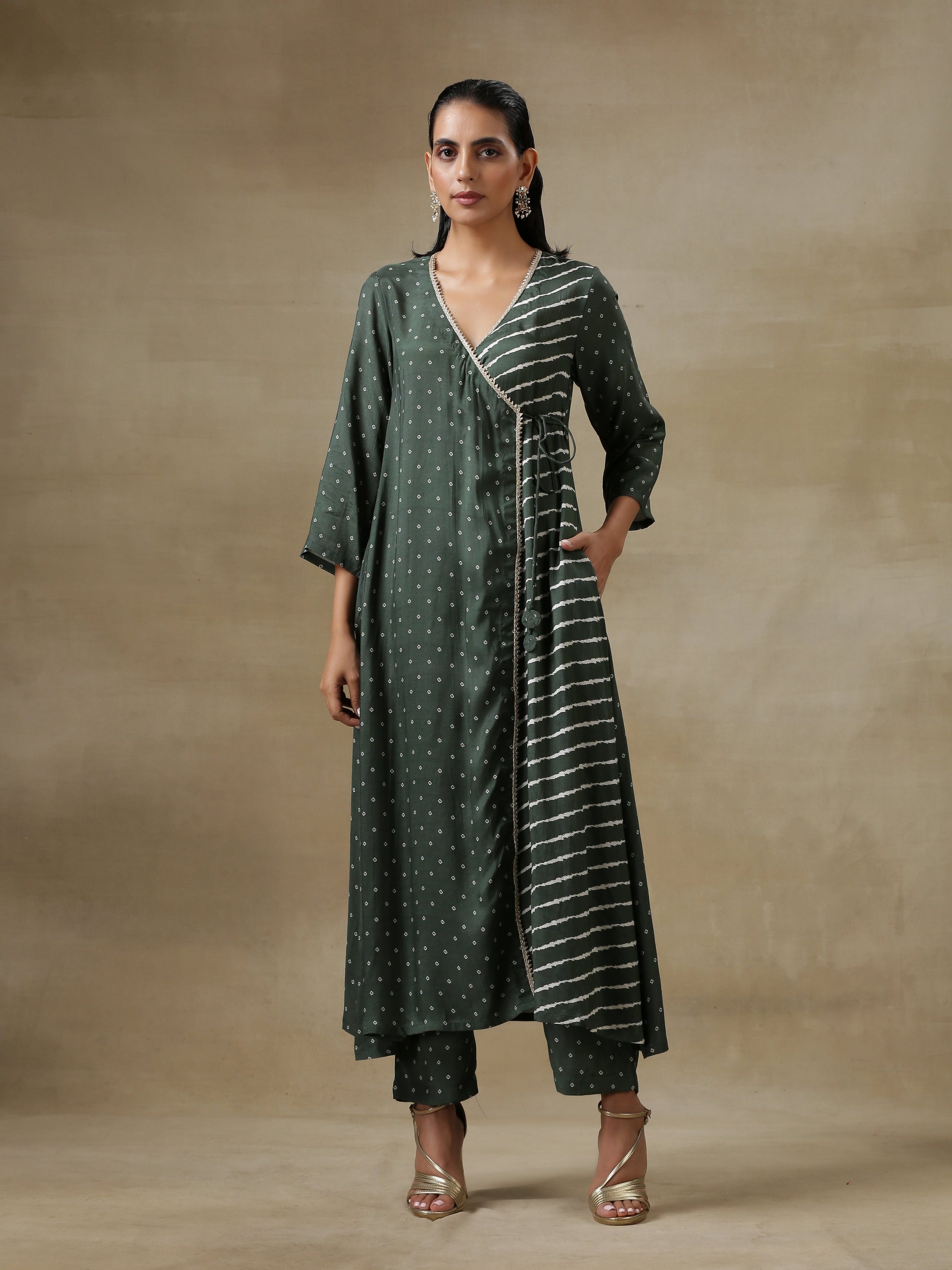 trueBrowns Dark Green Bandhani Printed Silk Angrakha Kurta Pant Set | Swadesiicart