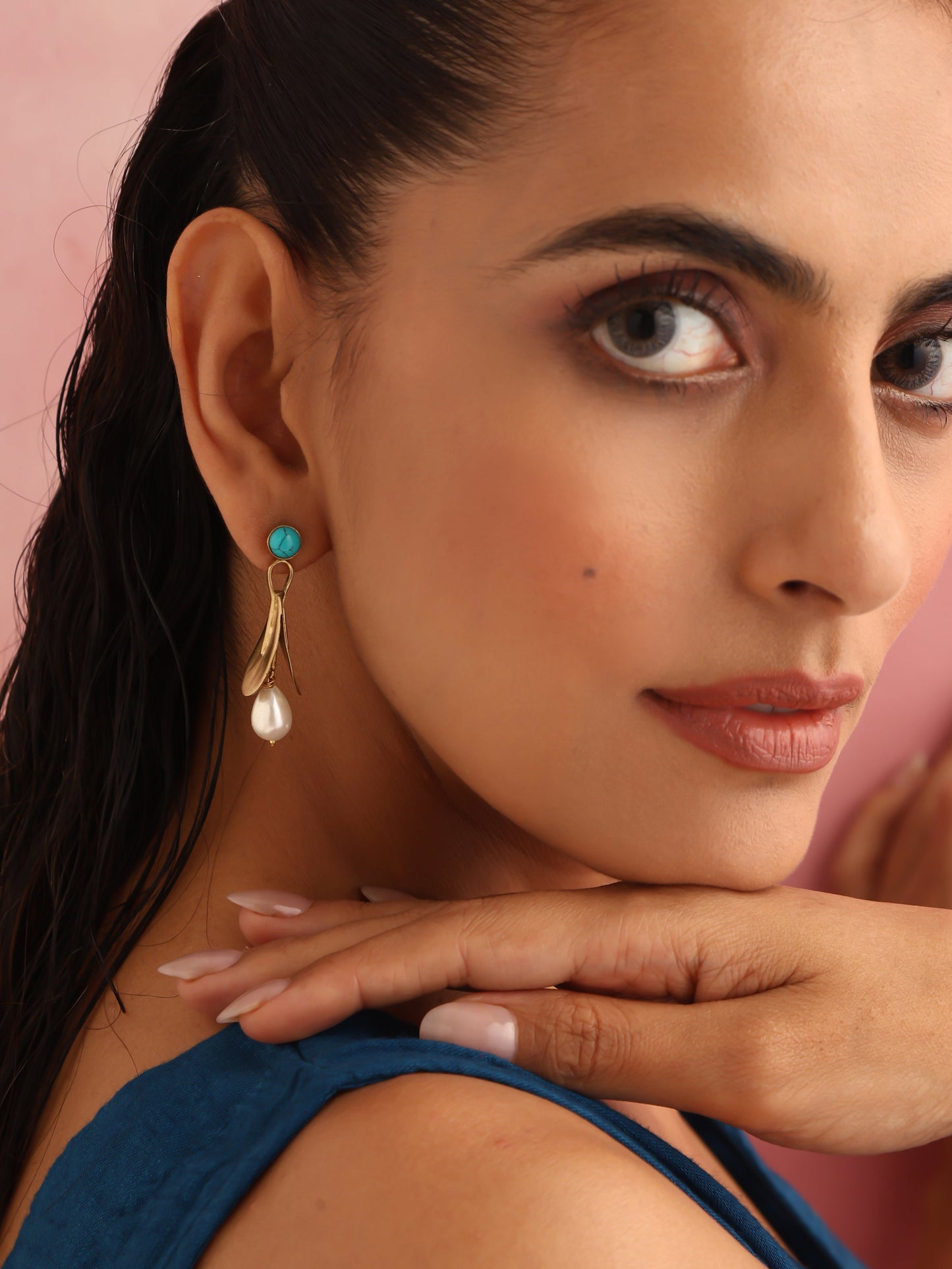 trueBrowns Brass Pearl Drop Earrings - Swadesiicart