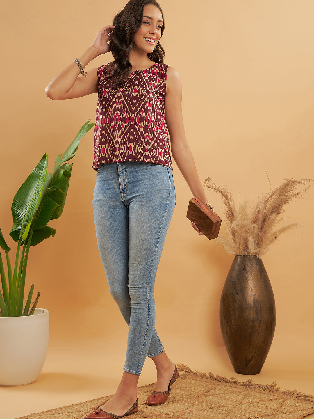 InWeave Wine Ikkat Print W/U Top - Swadesiicart