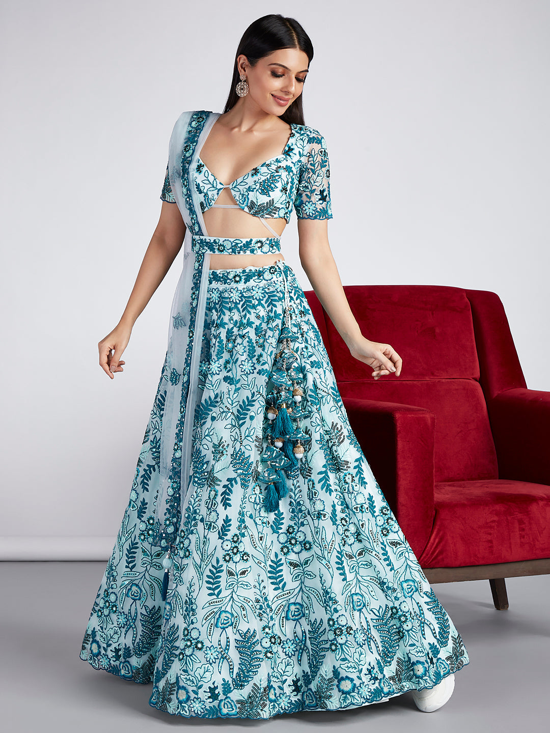 House of Panchhi Turquoise Blue Net Sequins, Mirror And Thread Embroidery Lehenga Choli & Dupatta | Swadesiicart