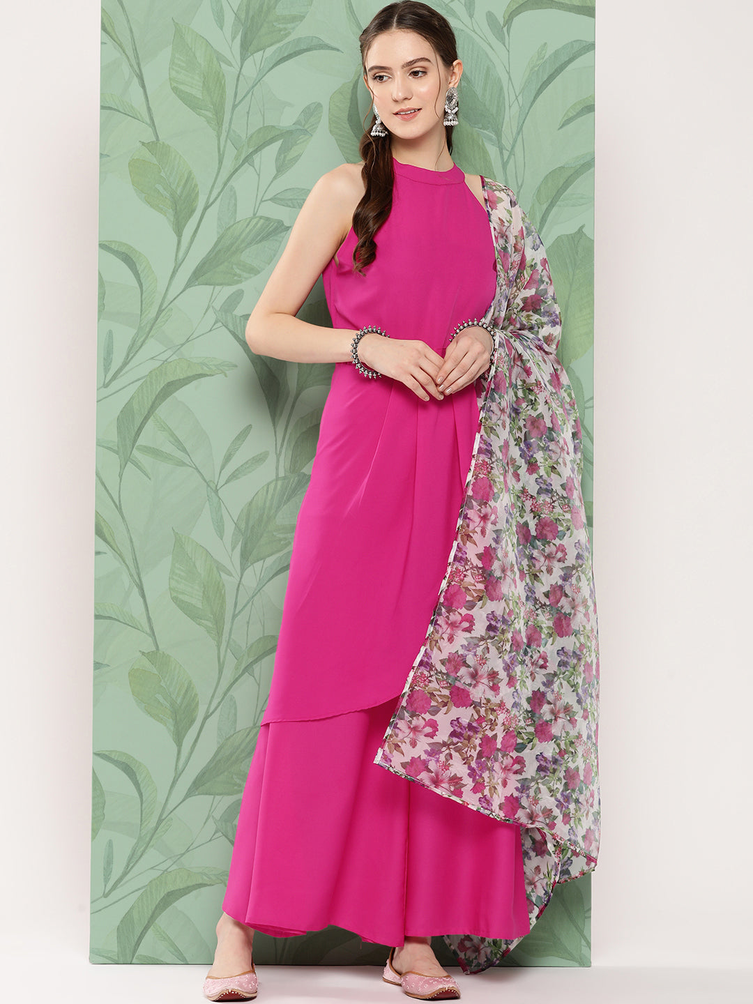 InWeave Women's Magenta Pleated Halter Kurta Palazzo Set W White Pink Or Dupatta - Swadesiicart