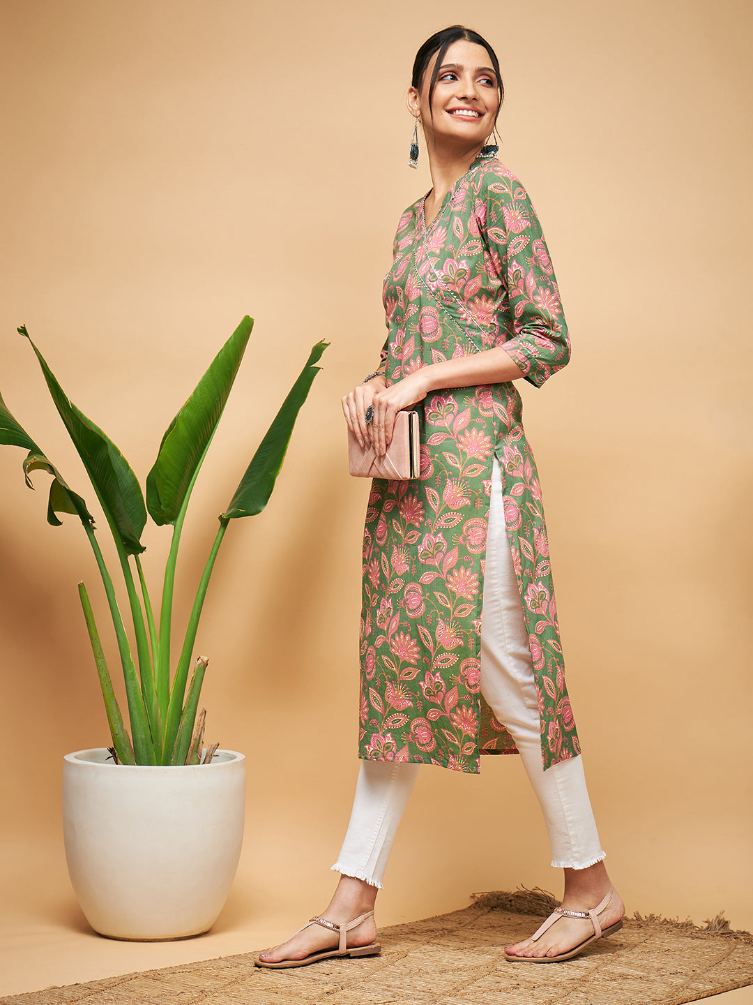 InWeave Women's Green Pink Floral Angrakha Straight Kurta - Swadesiicart