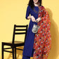 InWeave Women's Ink Blue Long Anarkali Kurta Set With Red Rose Organza Dupatta - Swadesiicart