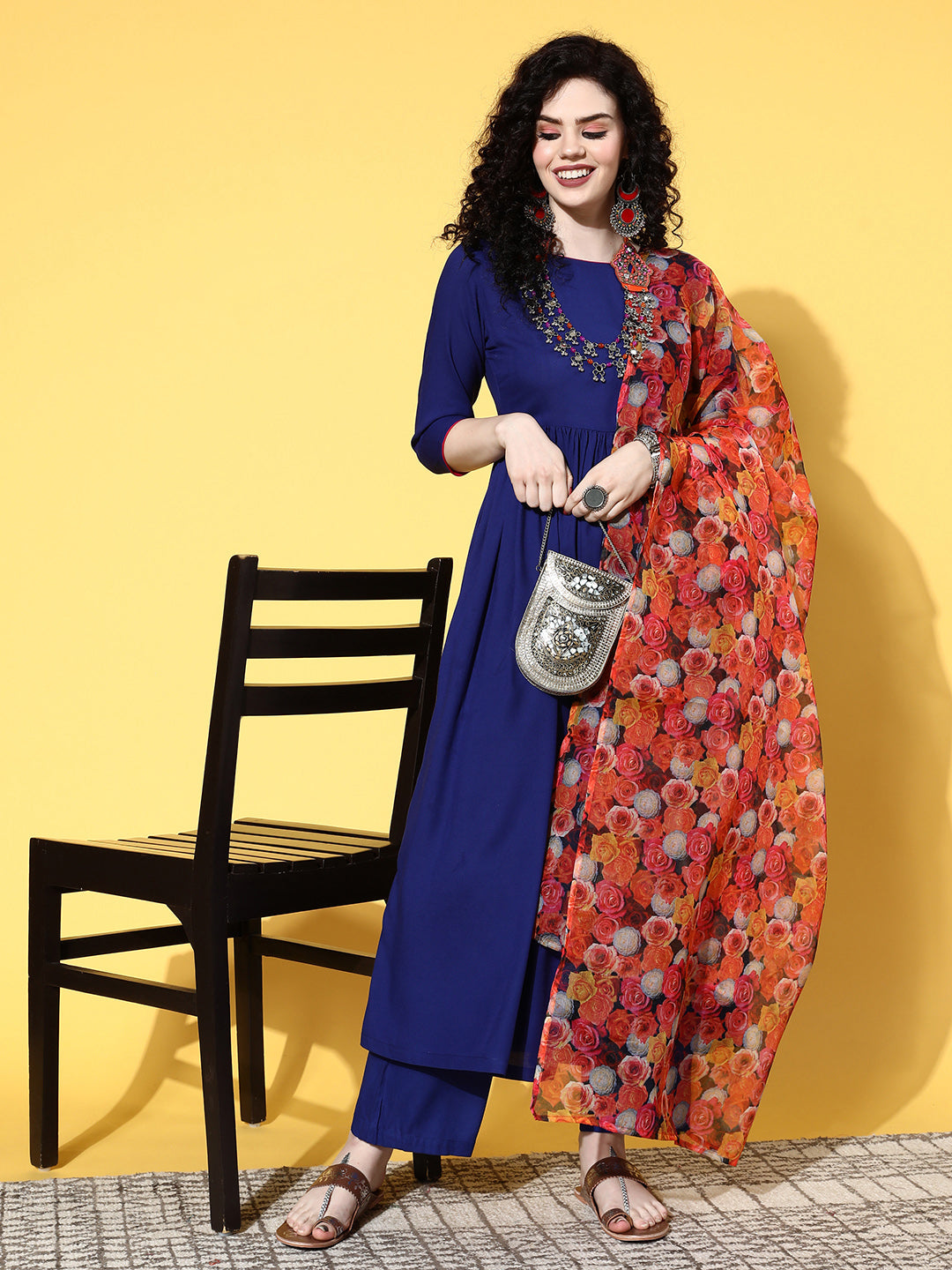 InWeave Women's Ink Blue Long Anarkali Kurta Set With Red Rose Organza Dupatta - Swadesiicart