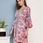 InWeave Women's Pink Floral Blue Bell Sleeve Dress - Swadesiicart