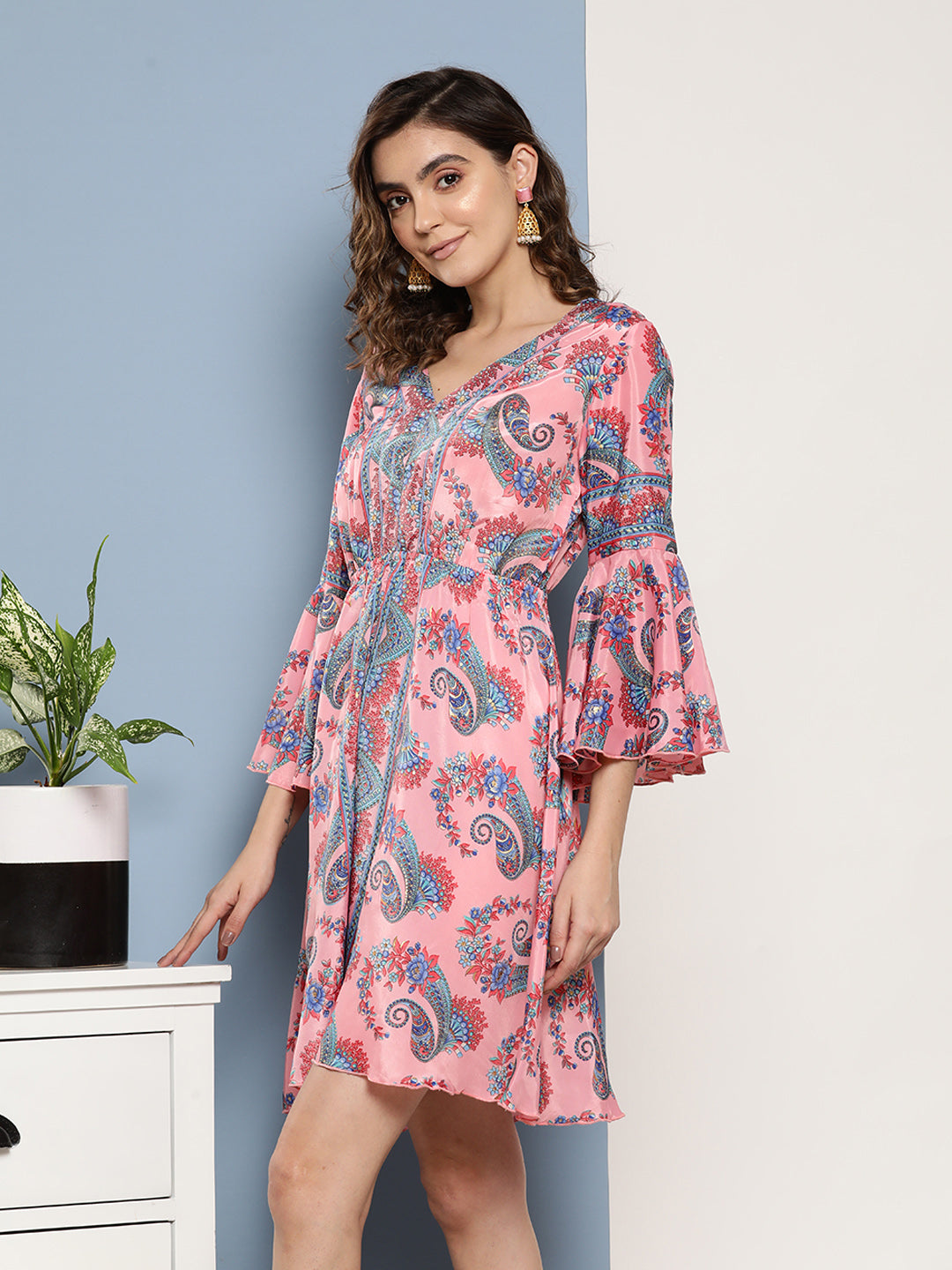 InWeave Women's Pink Floral Blue Bell Sleeve Dress - Swadesiicart