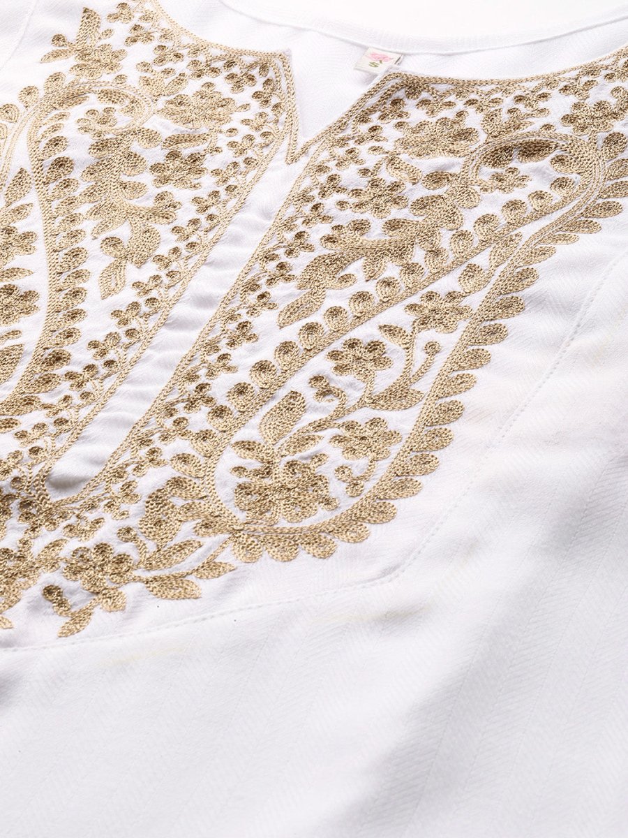Ahalyaa Women White Ethnic Motifs Embroidered Aari Work Pashmina Kurta with Salwar & With Dupatta | Swadesiicart