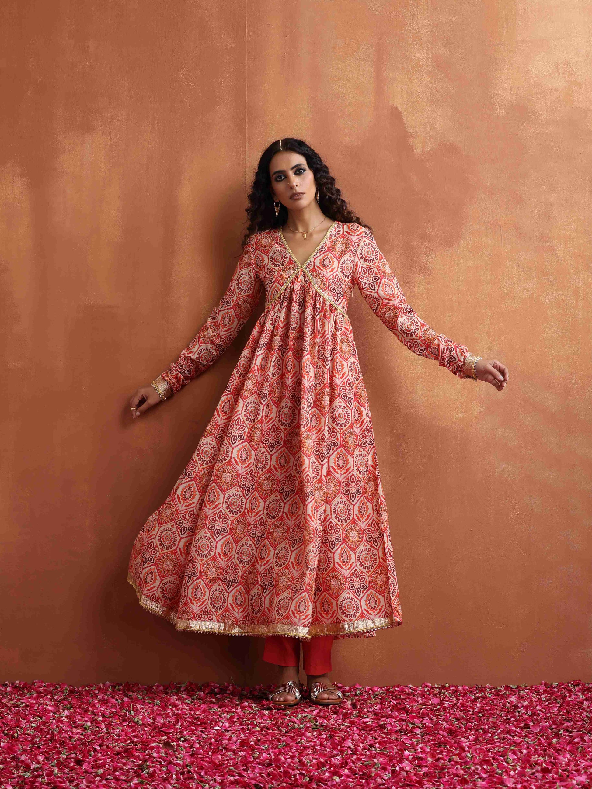 trueBrowns Beige Print Flared Anarkali Kurta Set | Swadesiicart