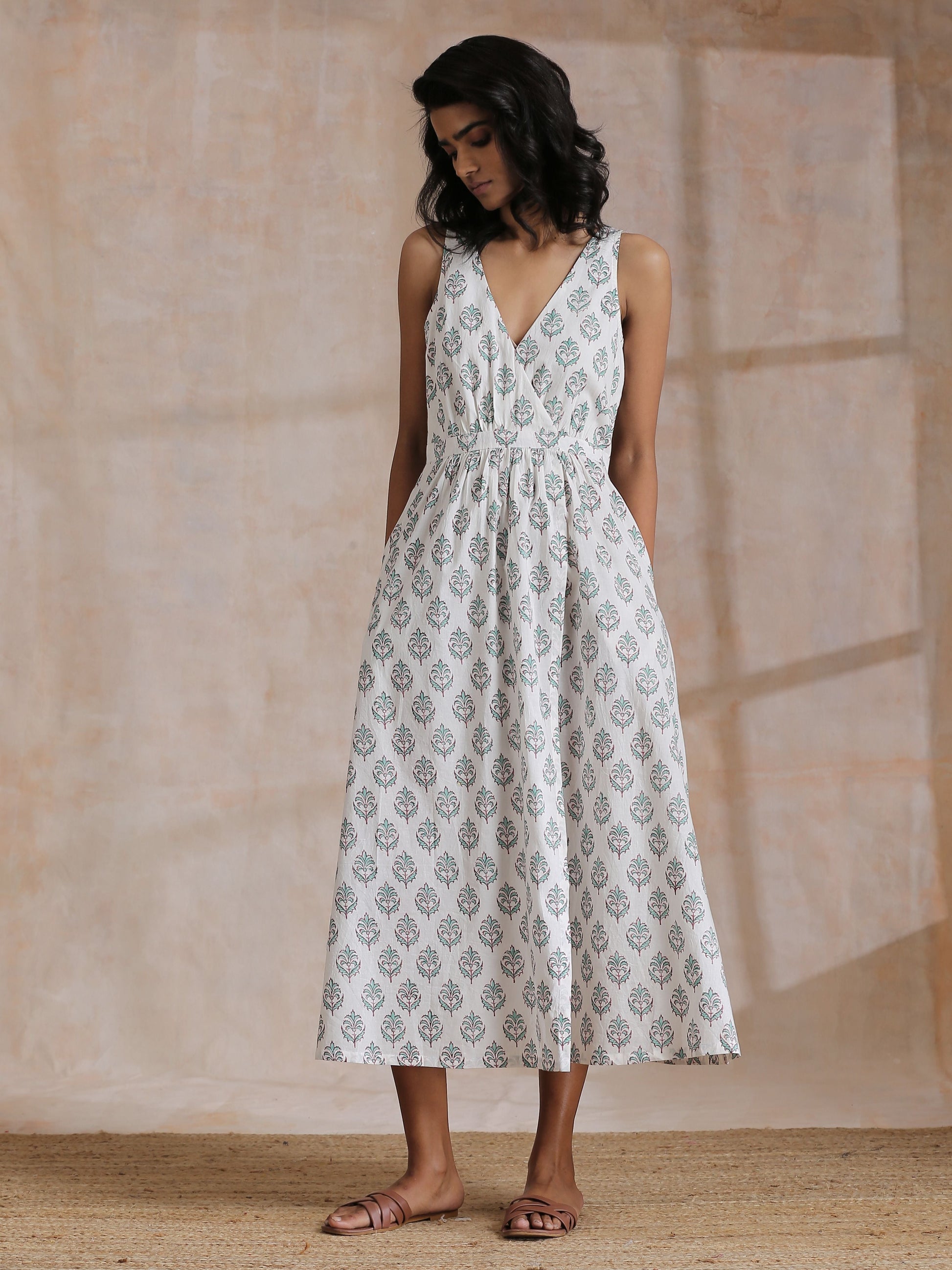 trueBrowns Green Buta On White Block Print Cotton Sleeveless Wrap Dress | Swadesiicart
