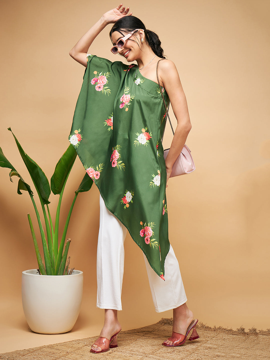 InWeave Women's Green Small Flower One Shoulder Kurta - Swadesiicart