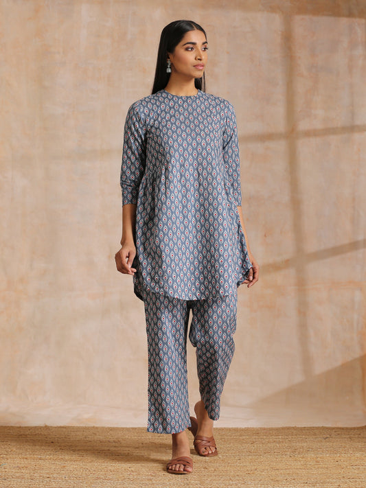 trueBrowns Steel Grey Ikat Print Cotton Gathers Co-Ord Set - Swadesiicart