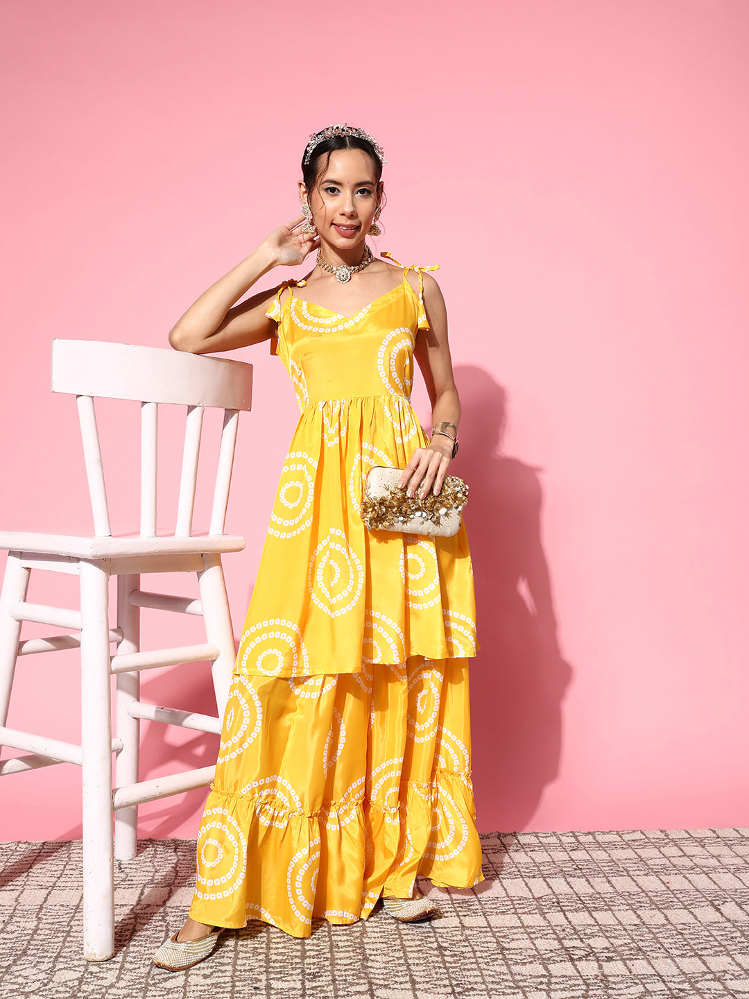 InWeave Women's Yellow Bandhani Motif Shoulder Tie Up Kurta Set - Swadesiicart