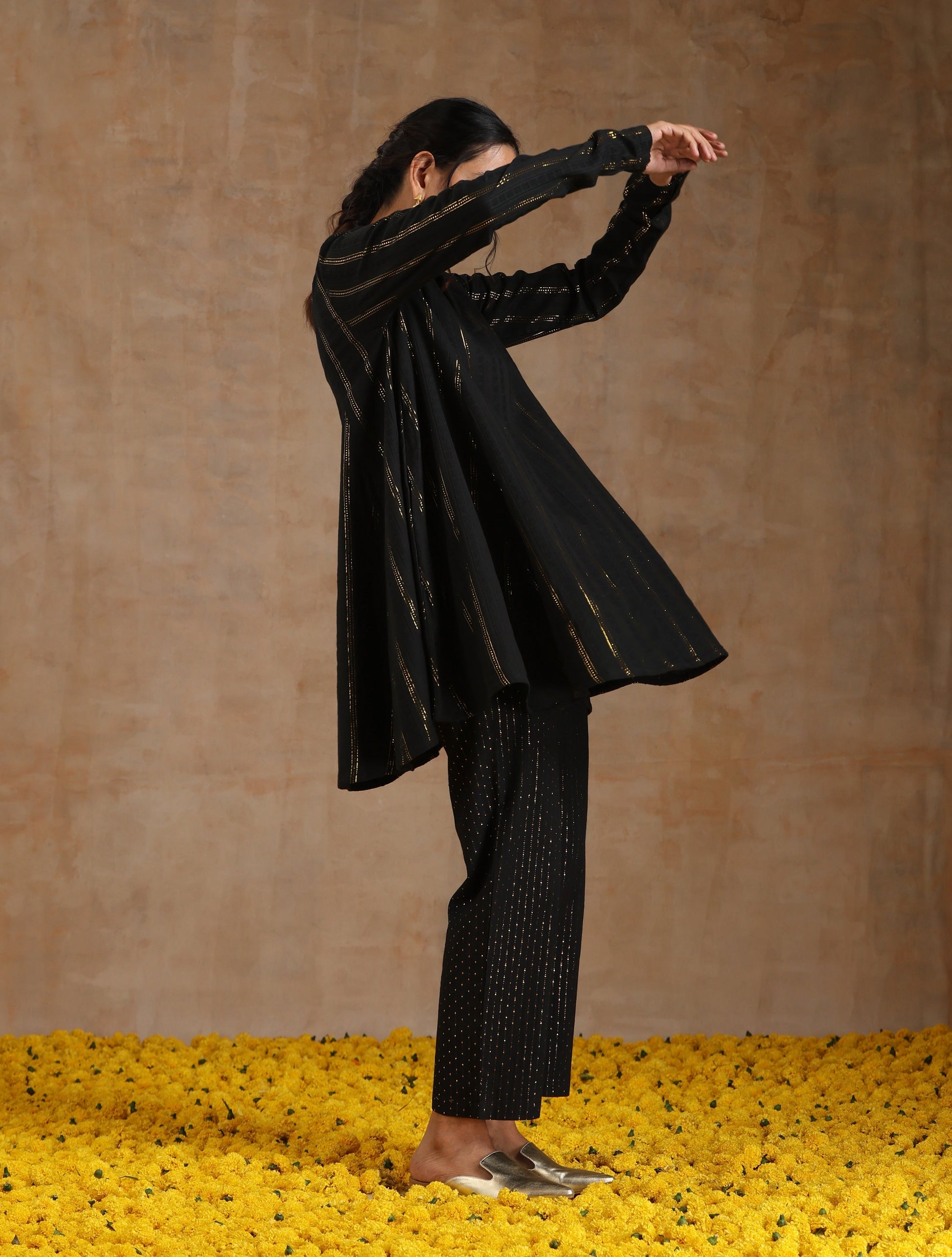 trueBrowns Black Gold Cotton Flared Co-Ord Set - Swadesiicart