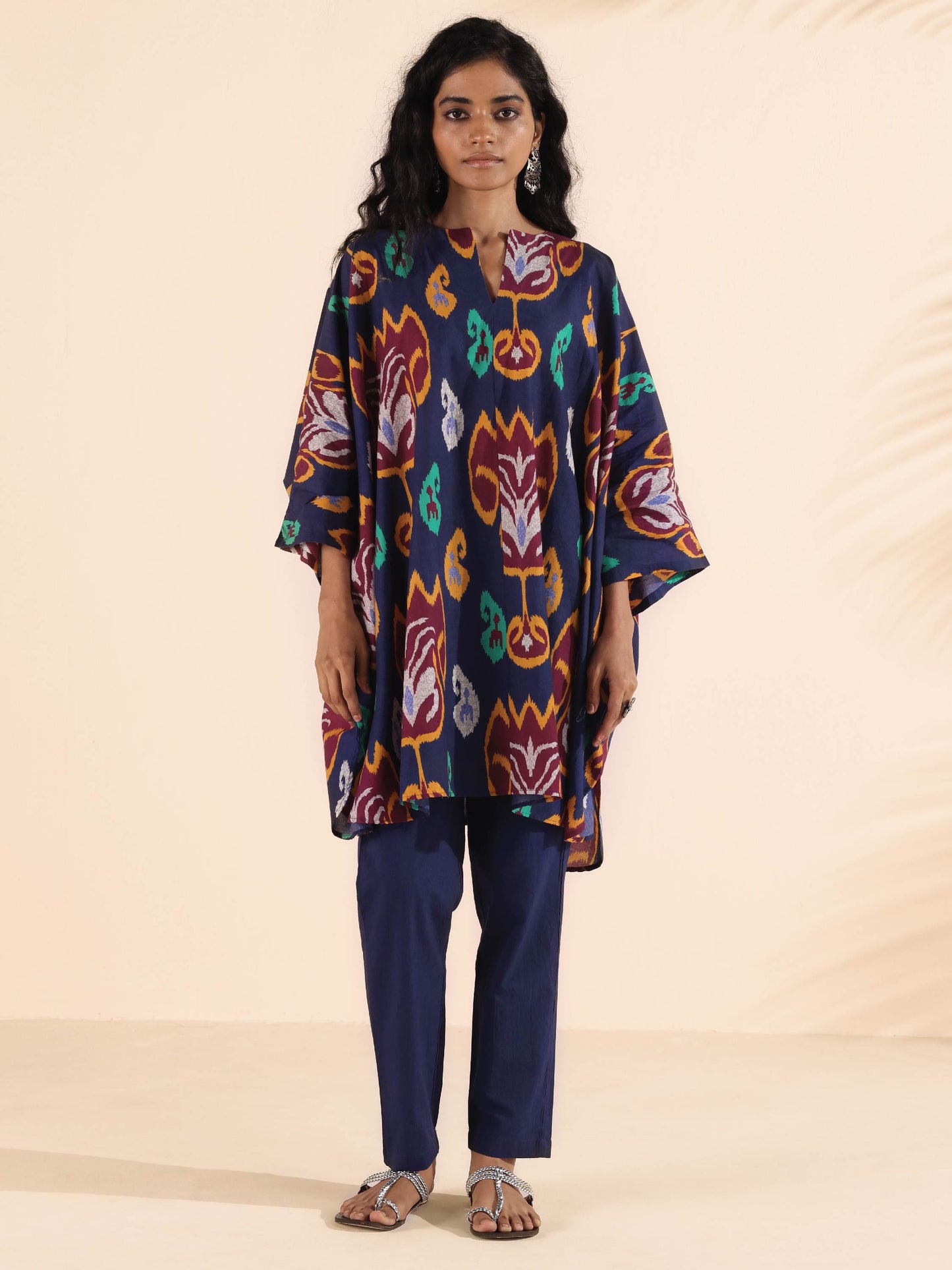 trueBrowns Purple Cotton Ikat Kaftan Co-ord Set - Swadesiicart