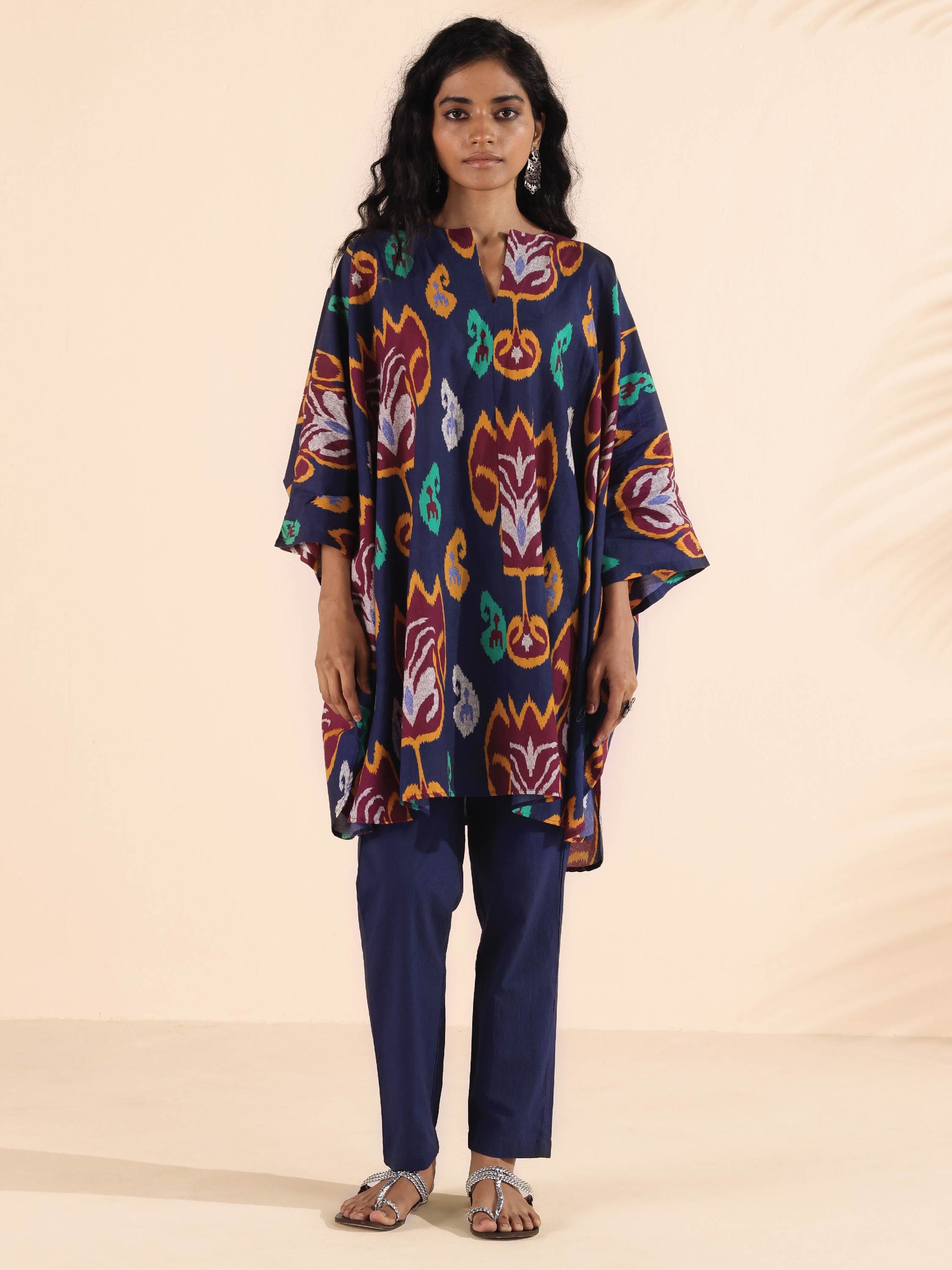 trueBrowns Purple Cotton Ikat Kaftan Co-ord Set - Swadesiicart