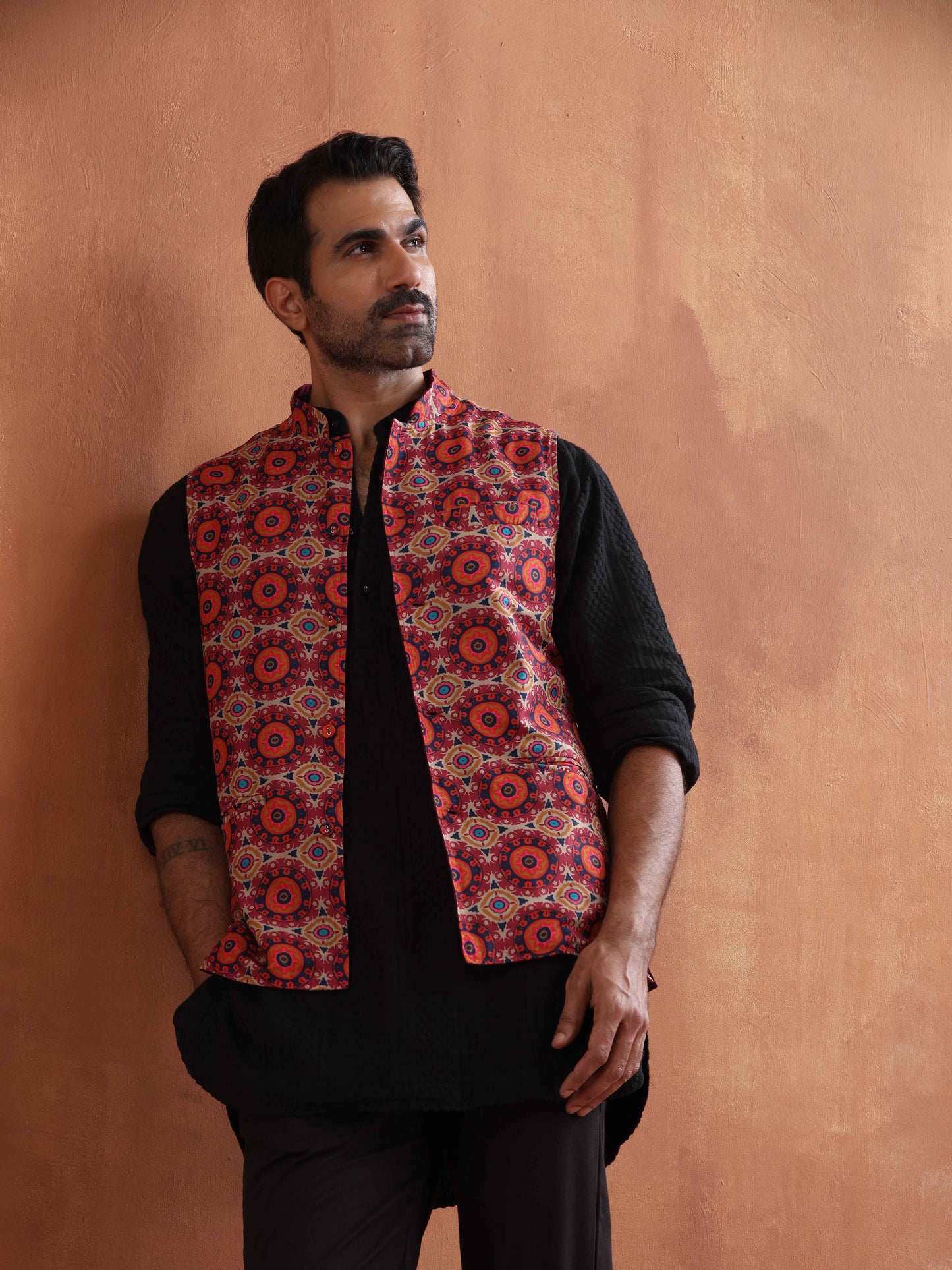 trueBrowns Men's Beige Printed Nehru Jacket | Swadesiicart