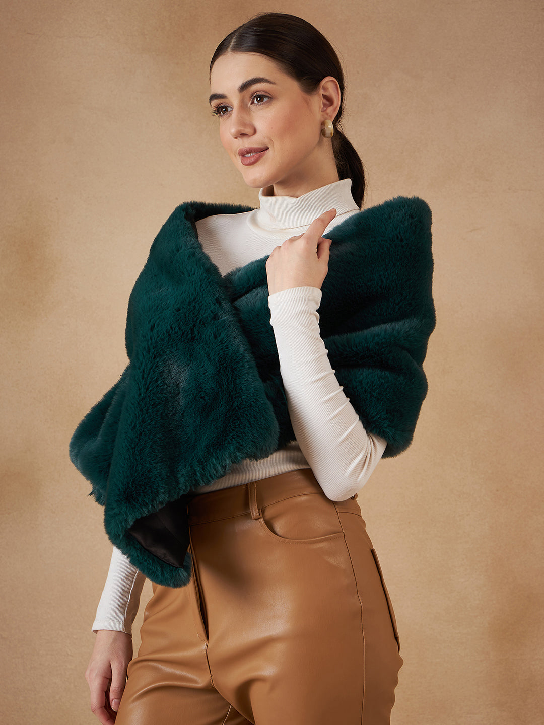 InWeave Women's Dark Teal Long Faux Fur Cape - Swadesiicart