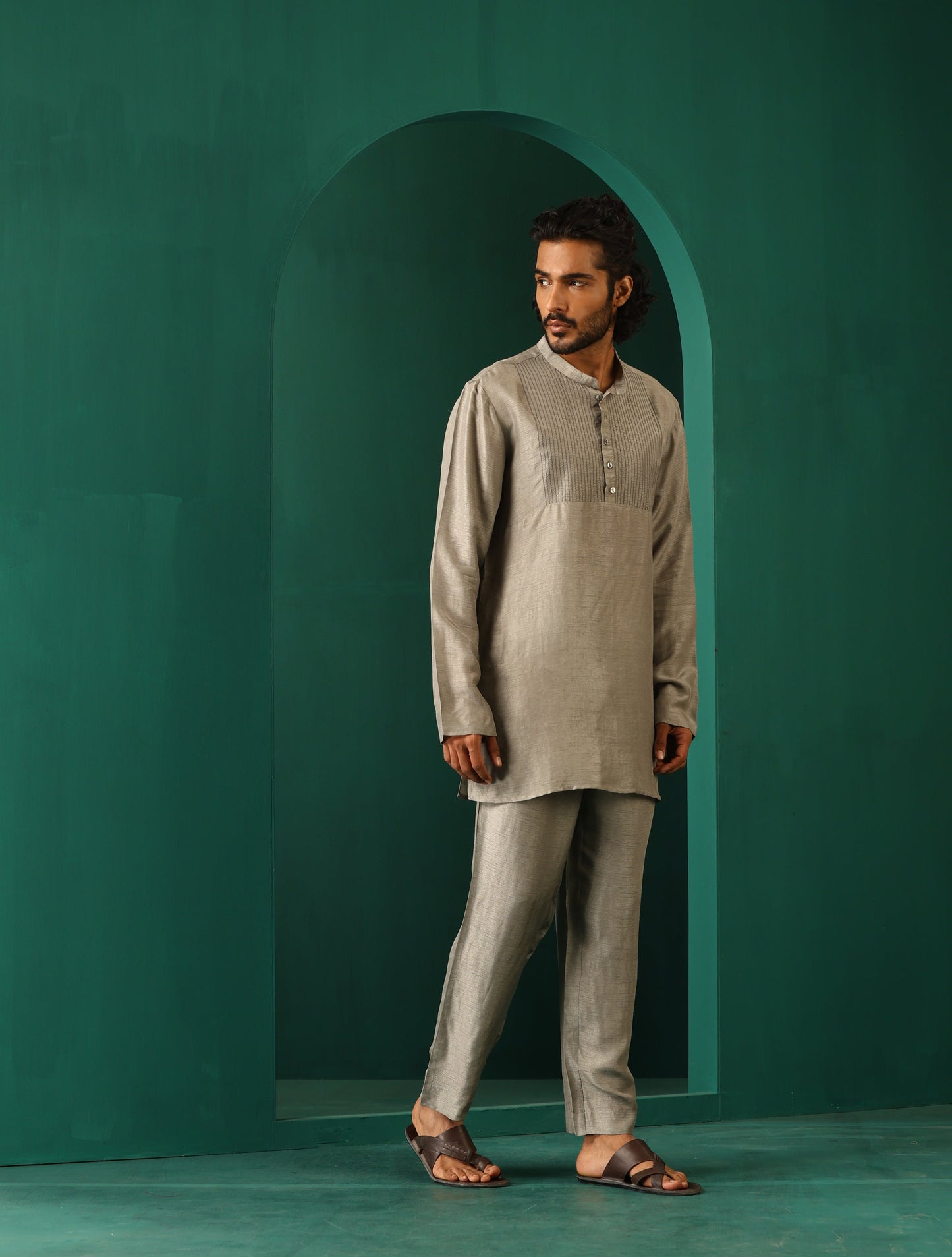 trueBrowns Men's Grey Silk Co-ord Set Yoke Detail - Swadesiicart