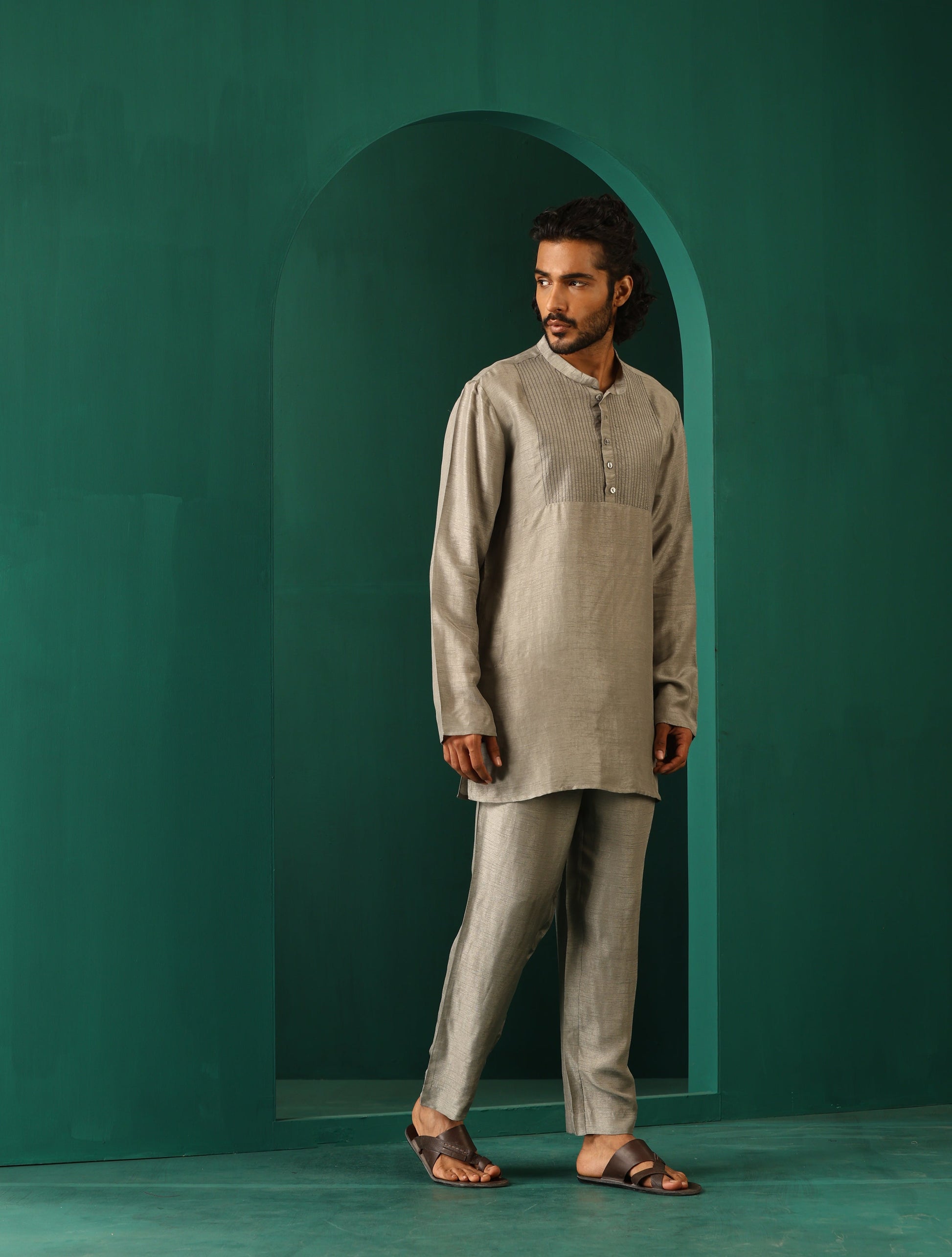 trueBrowns Men's Grey Silk Co-ord Set Yoke Detail - Swadesiicart