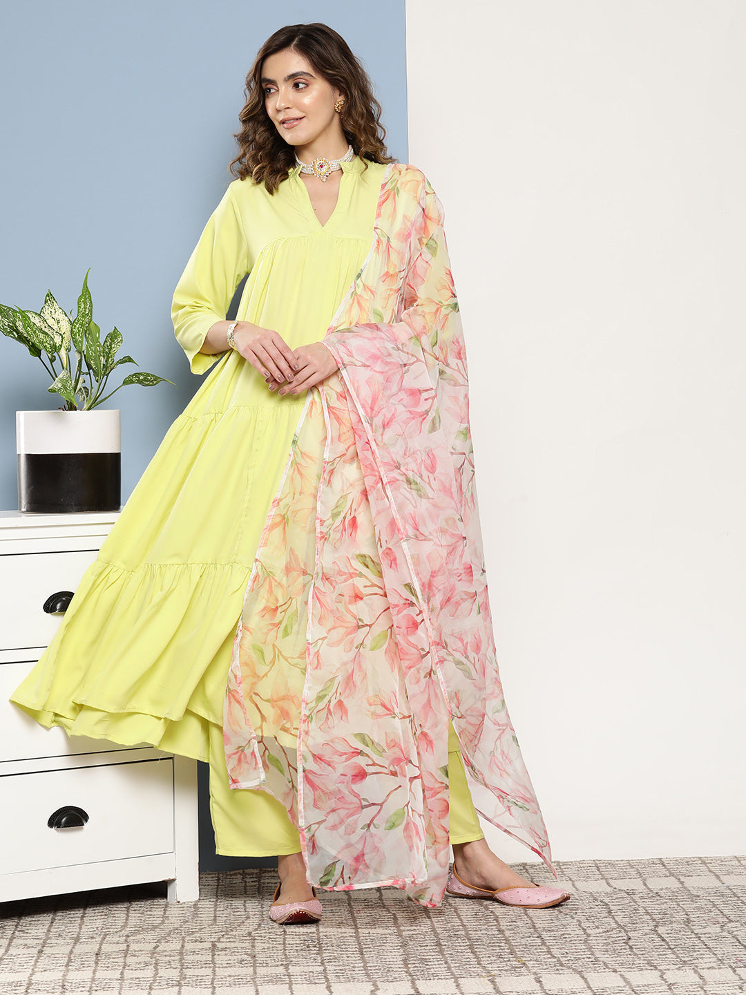 InWeave Women's Lime Green Tiered Anarkali Kurta Set - Swadesiicart