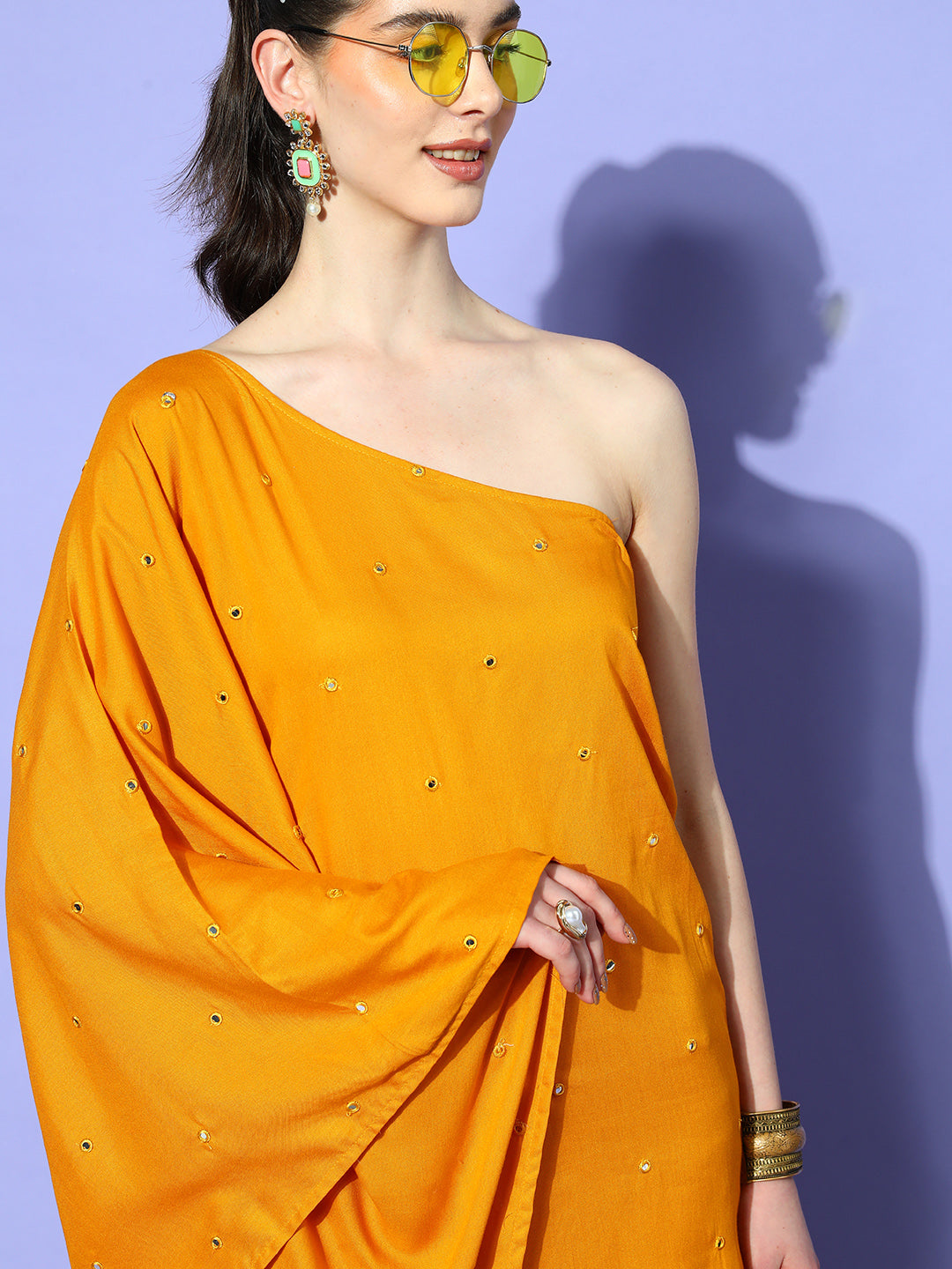InWeave Women's Mustard Mirror Work One Shoulder Kurta Set - Swadesiicart