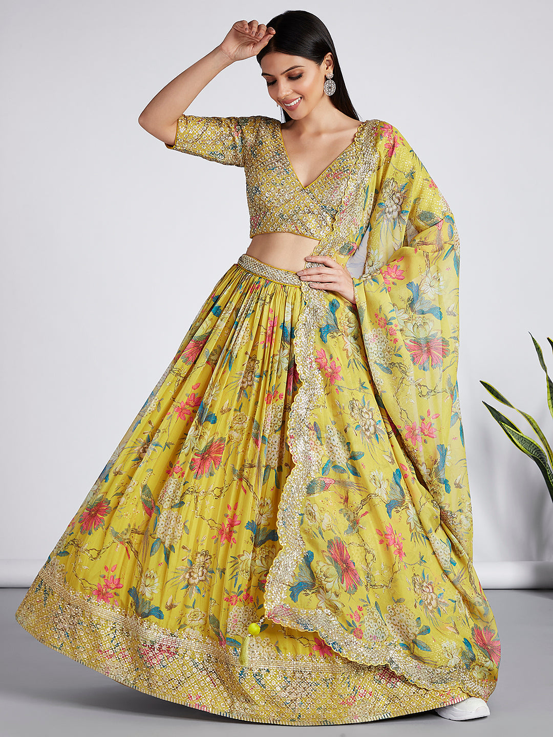 House of Panchhi Mustard Colour Organza Floral Design Digital Print Lehenga Choli & Dupatta | Swadesiicart