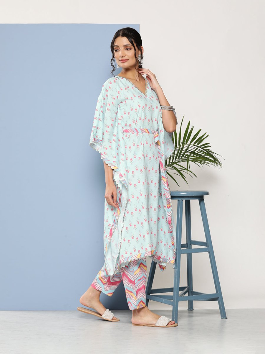 Ahalyaa Women Sea Green Floral Printed Gotta Patti Kurta with Trousers | Swadesiicart