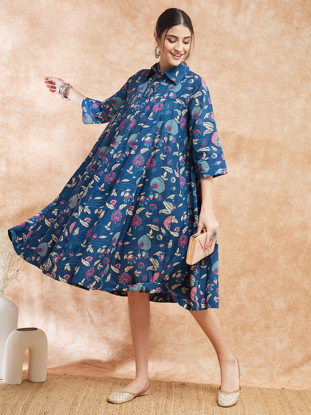 InWeave Women's Blue Pink Kalamkari Flared Dress - Swadesiicart