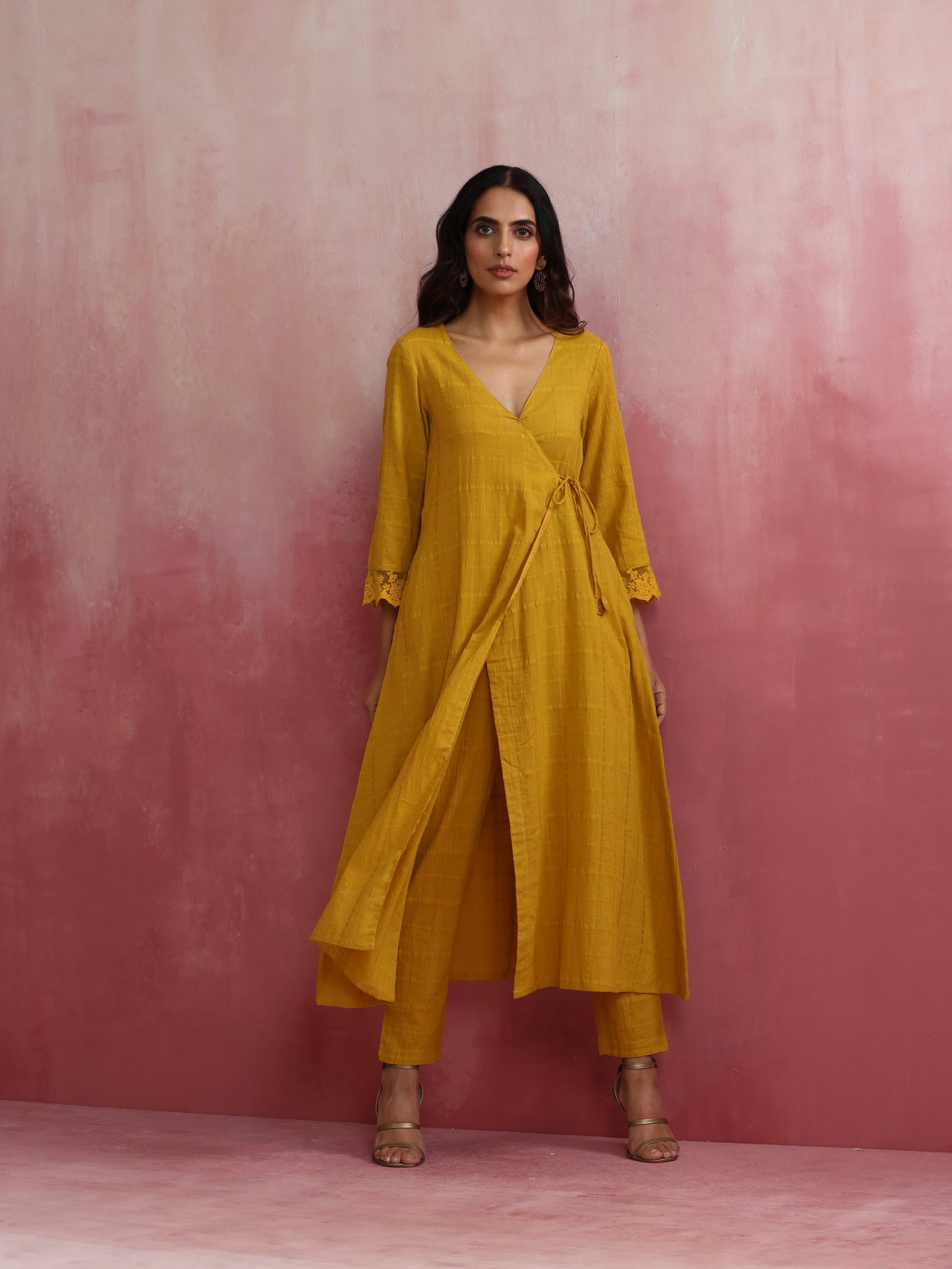 trueBrowns Mustard Cotton Dobby Kurta Set | Swadesiicart