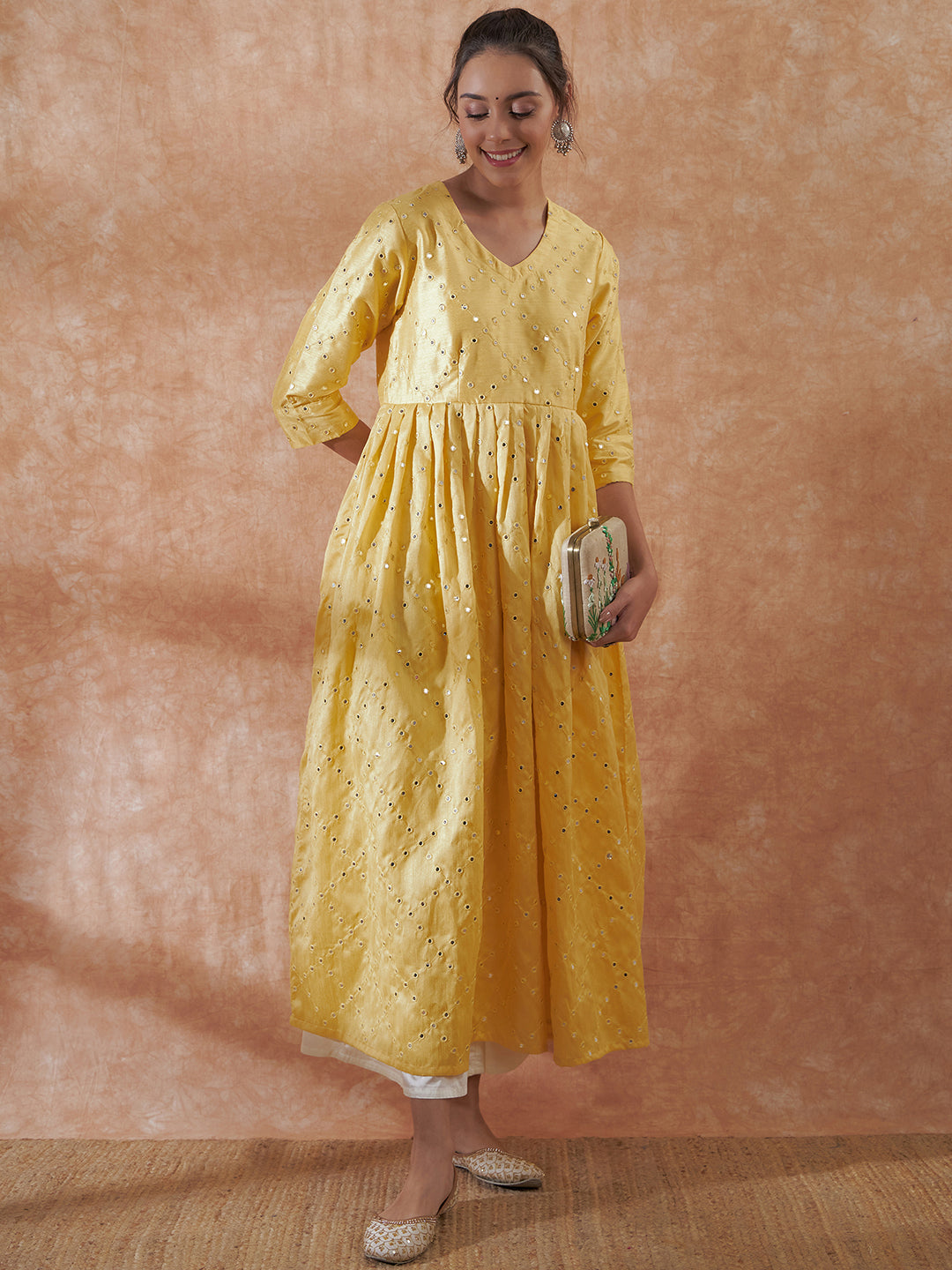 InWeave Women's Light Yellow Mirror Work Long Anarkali Kurta - Swadesiicart