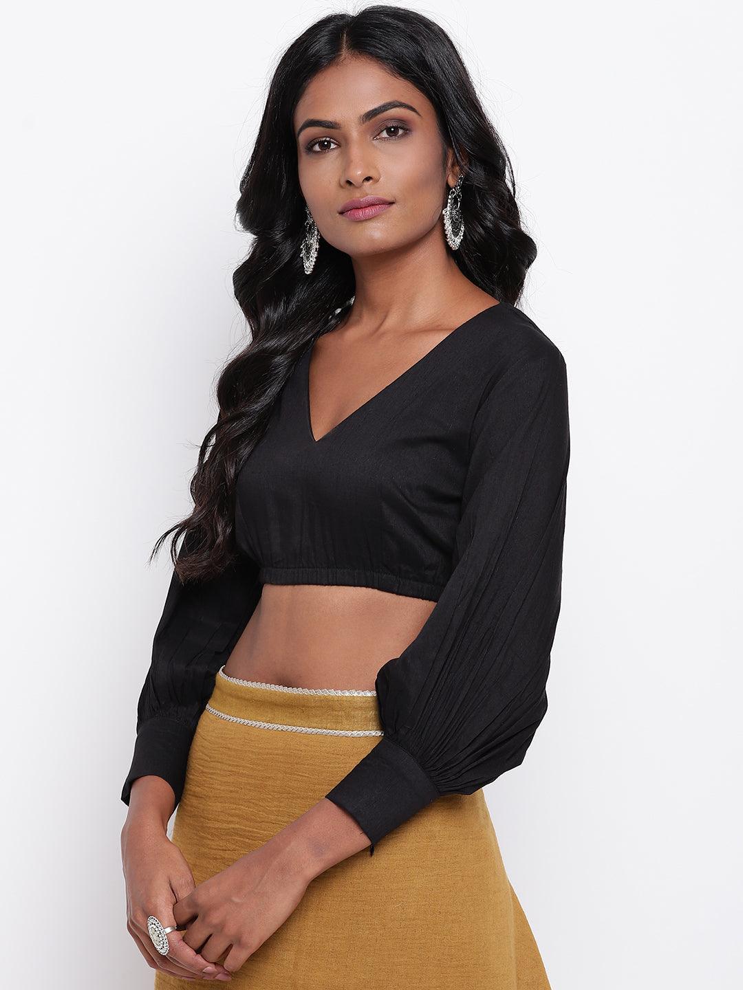 trueBrowns Black Gathered Sleeve Top | Swadesiicart
