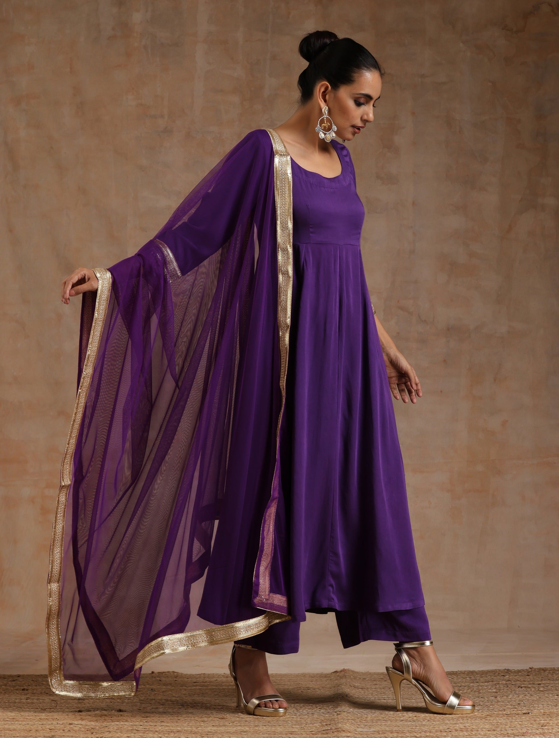 trueBrowns Violet Modal Satin Anarkali Set | Swadesiicart