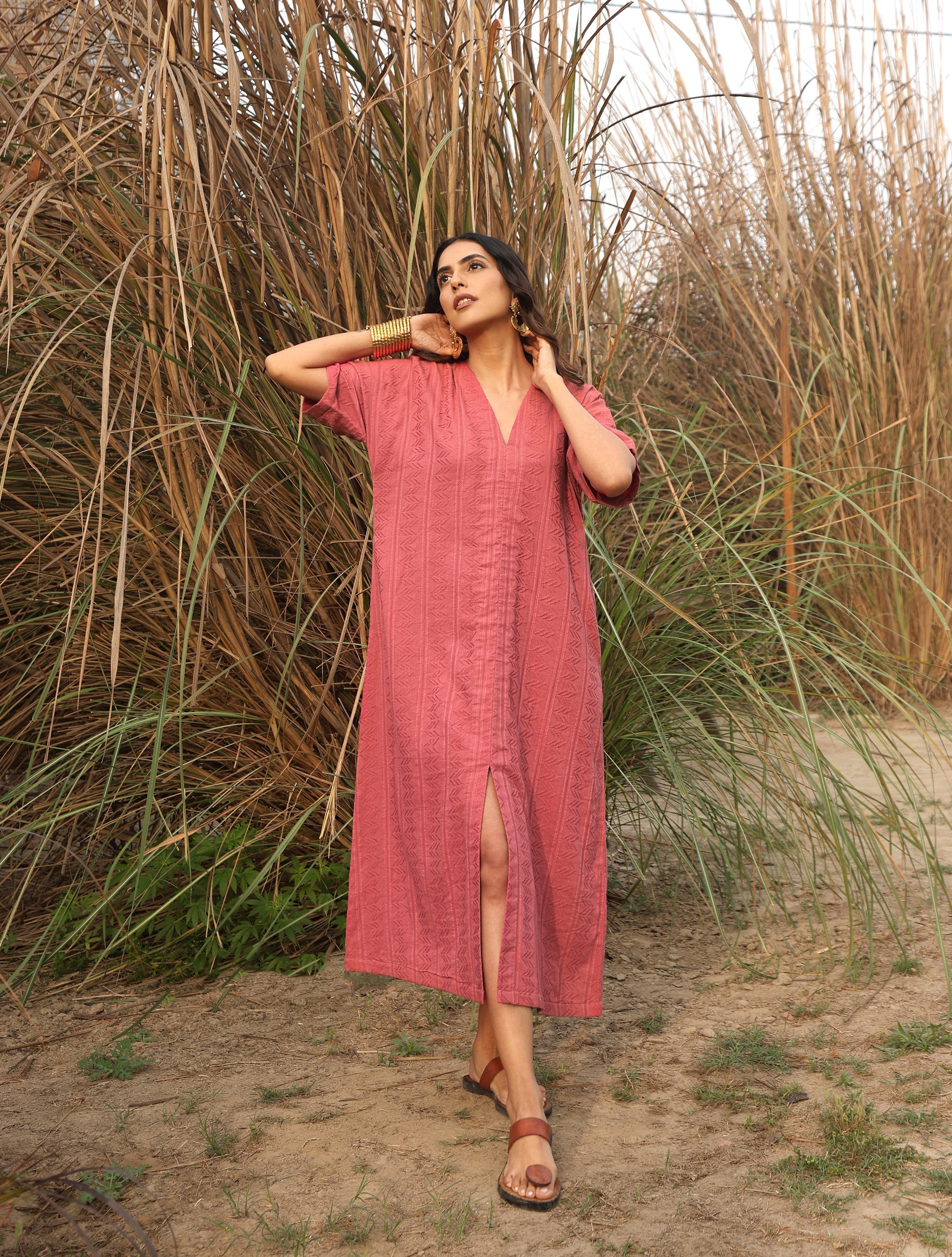 trueBrowns Coral Cotton Dobby Front Slit Dress | Swadesiicart