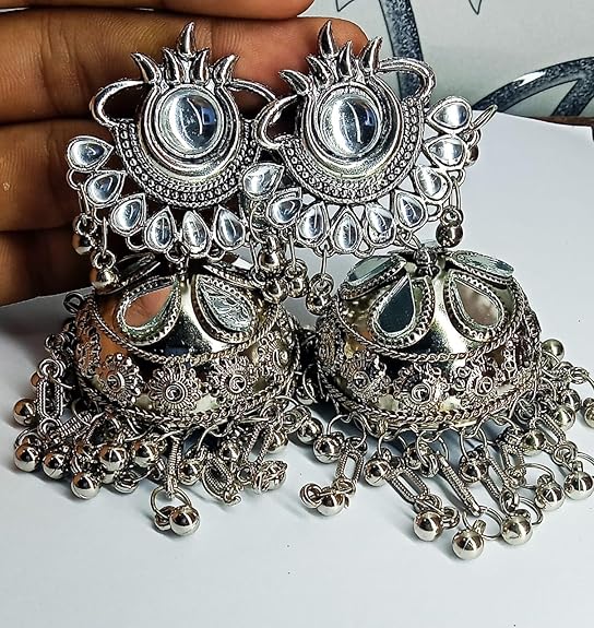 Tehzeeb Creations Women's Silver Colour Oxidised Earrings With Kundan And Mirror Work | Swadesiicart