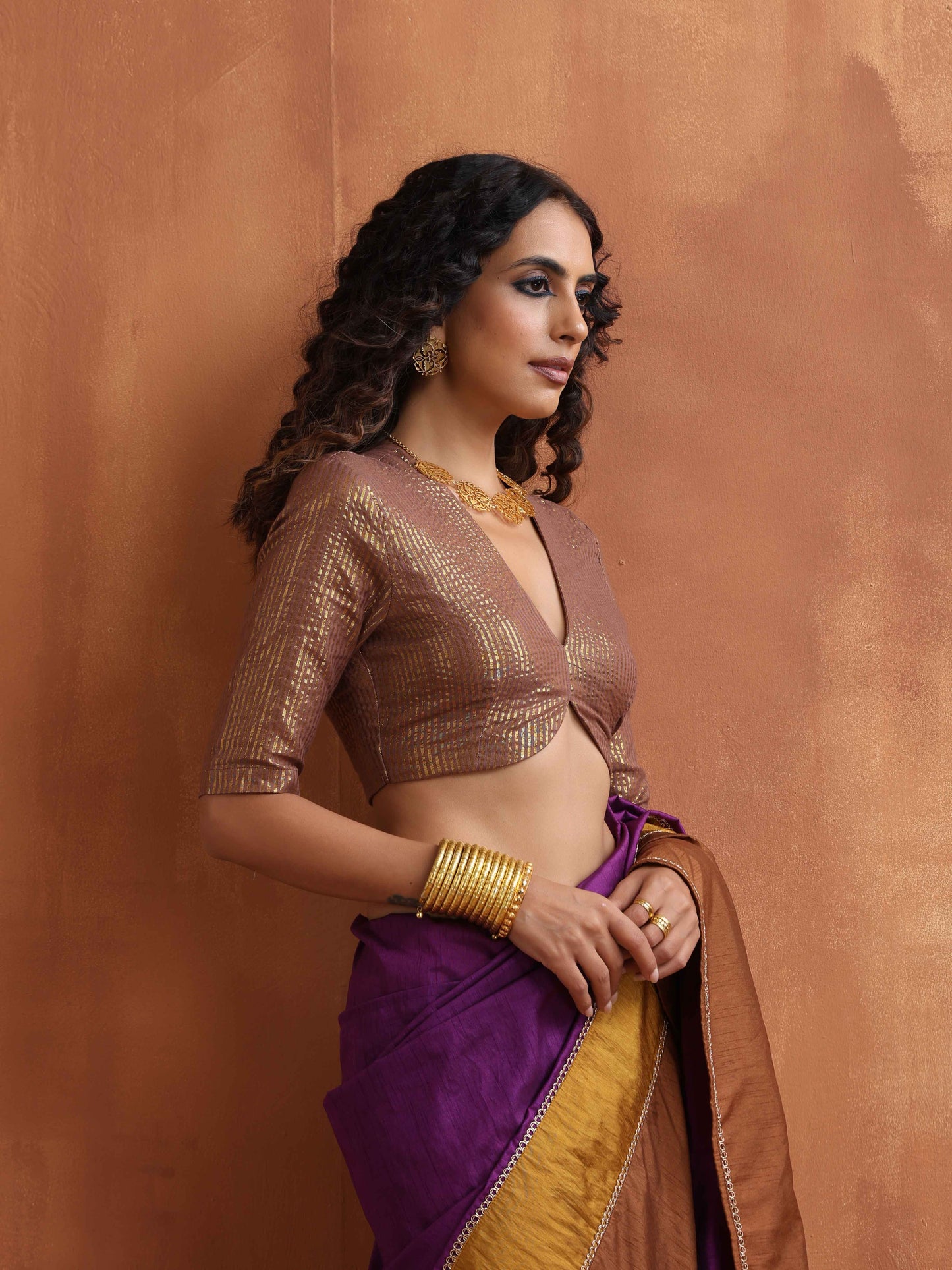 trueBrowns Brown Gold Metallic Blouse | Swadesiicart