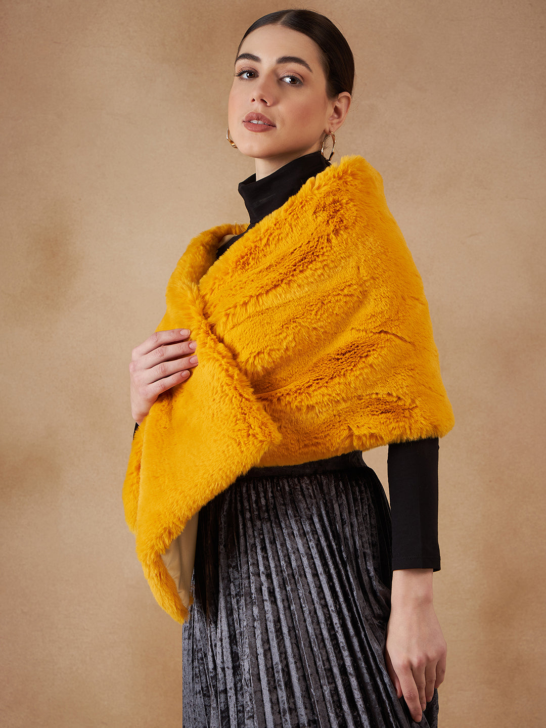 InWeave Women's Yellow Long Faux Fur Cape - Swadesiicart