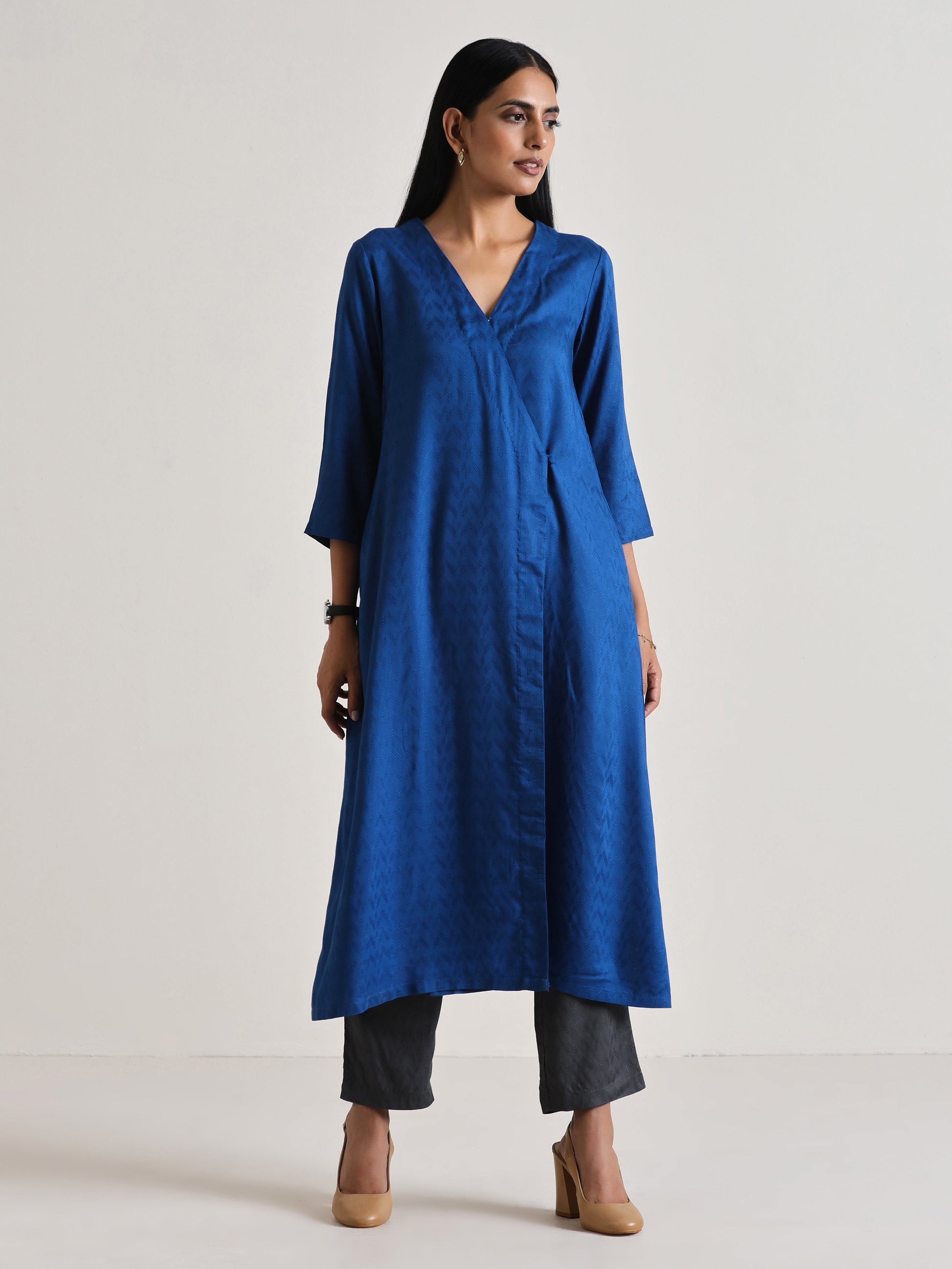 trueBrowns Ink Blue Angrakha Kurta Set | Swadesiicart