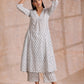 trueBrowns White With Teal Buta Block Print Cotton Front Neck Gathered Kurta Pant Set | Swadesiicart