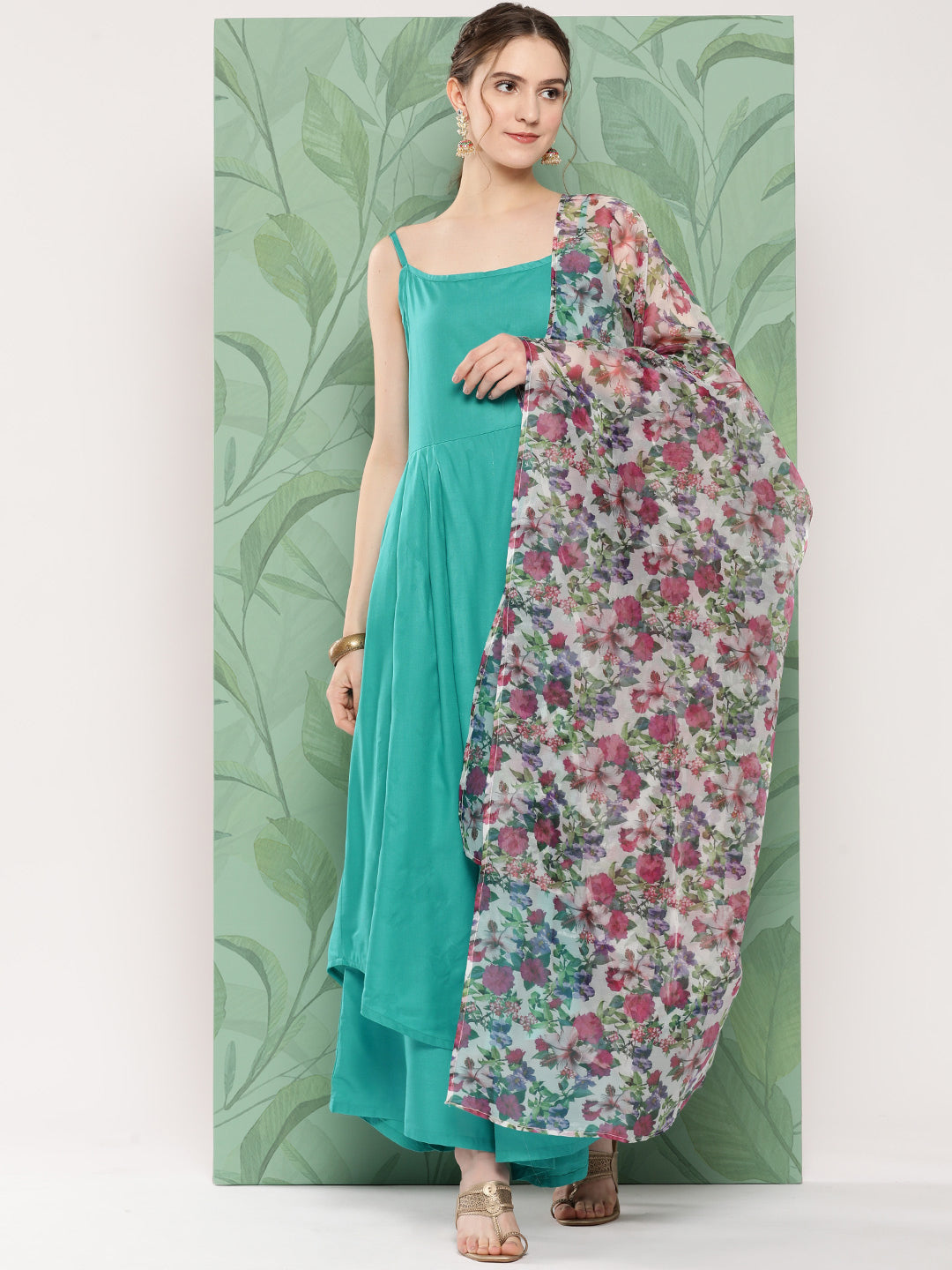 InWeave Women's Teal Strappy Set W White Pink Or Duptta - Swadesiicart