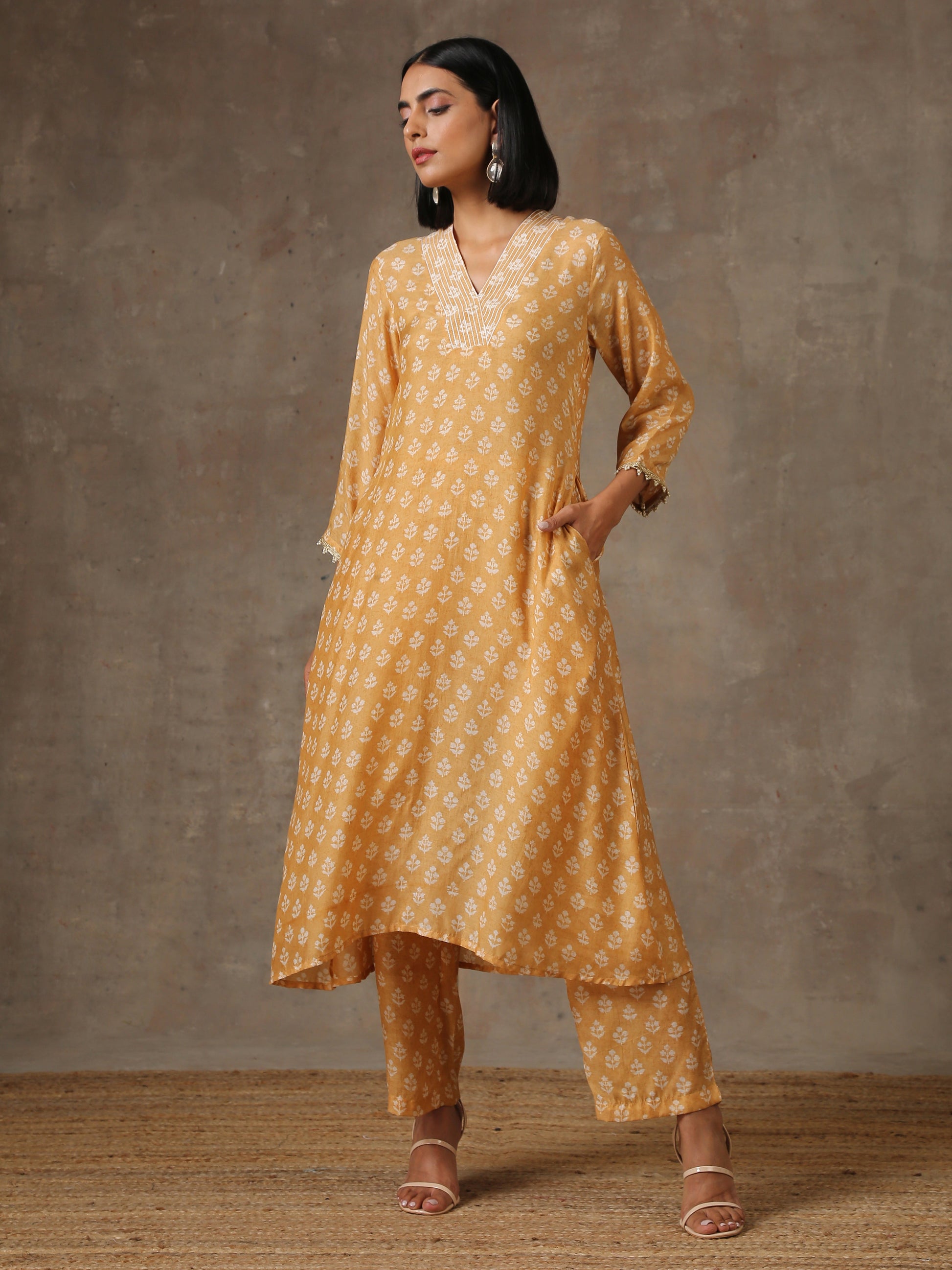 trueBrowns Beige White Flared Printed Silk Kurta Pant Set | Swadesiicart