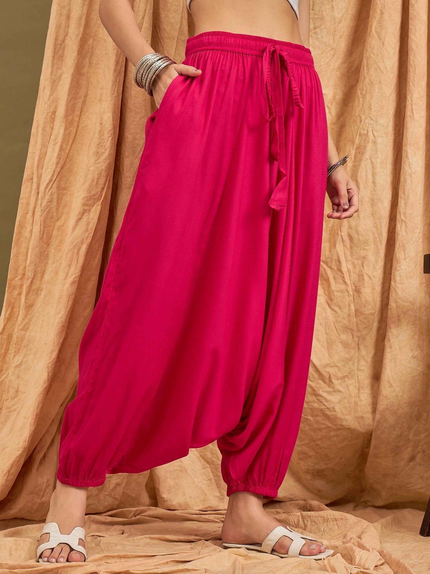 InWeave Fuchsia Solid Harem Pant - Swadesiicart