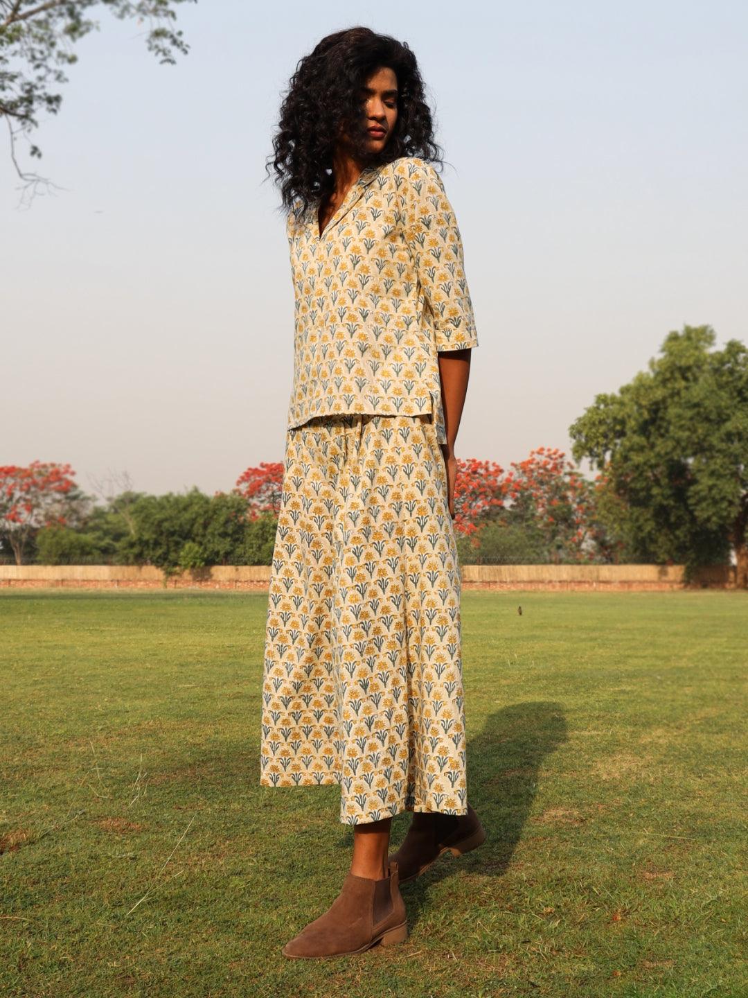 trueBrowns Light Sage Cotton Block Print Lapel Shirt Co-Ord Set - Swadesiicart