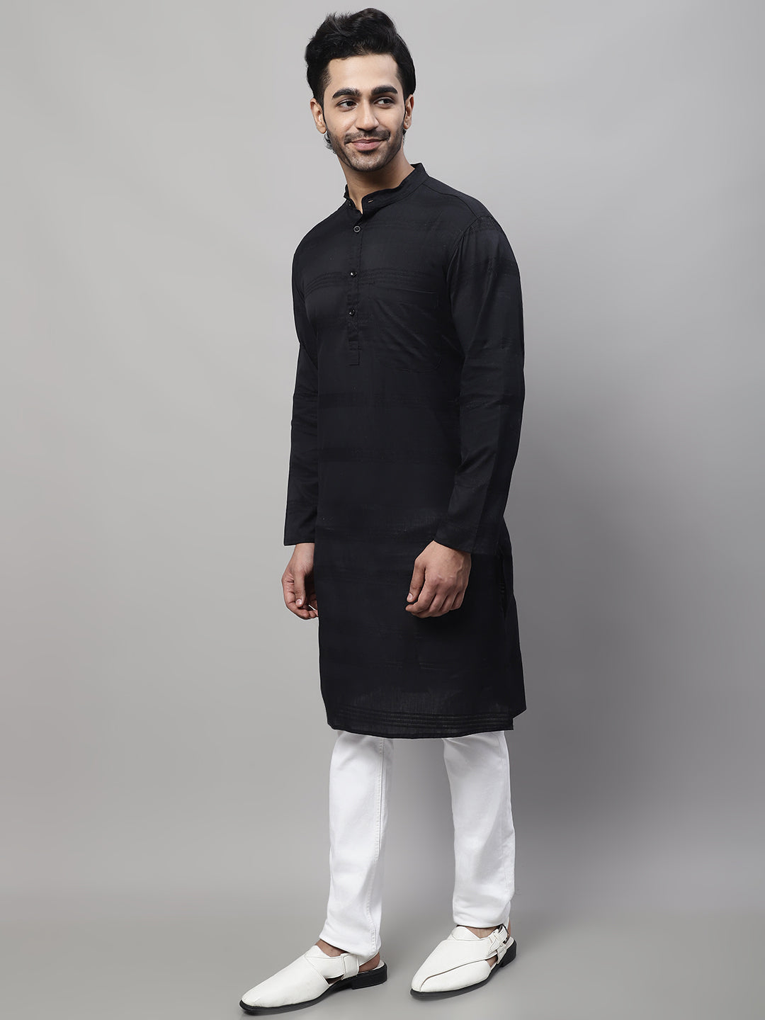 Even Apparels Black Pure Cotton Kurta With Band Collar | Swadesiicart