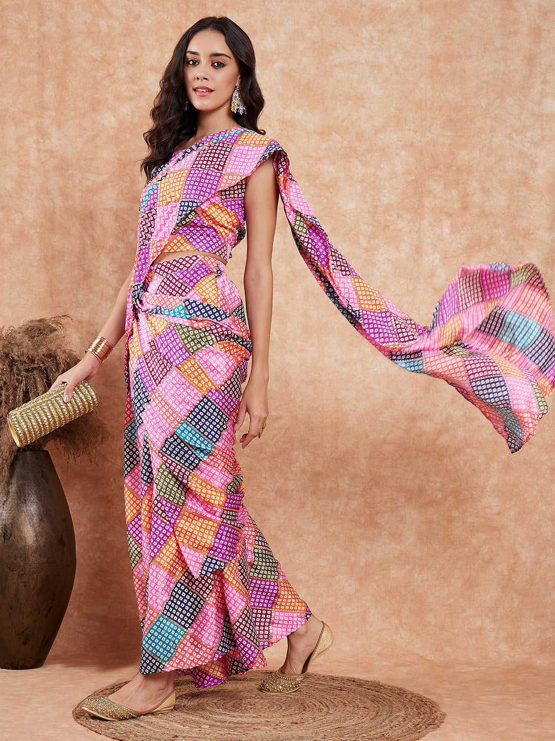 InWeave Women's Pink Square Multi Badhani Palazzo Saree - Swadesiicart