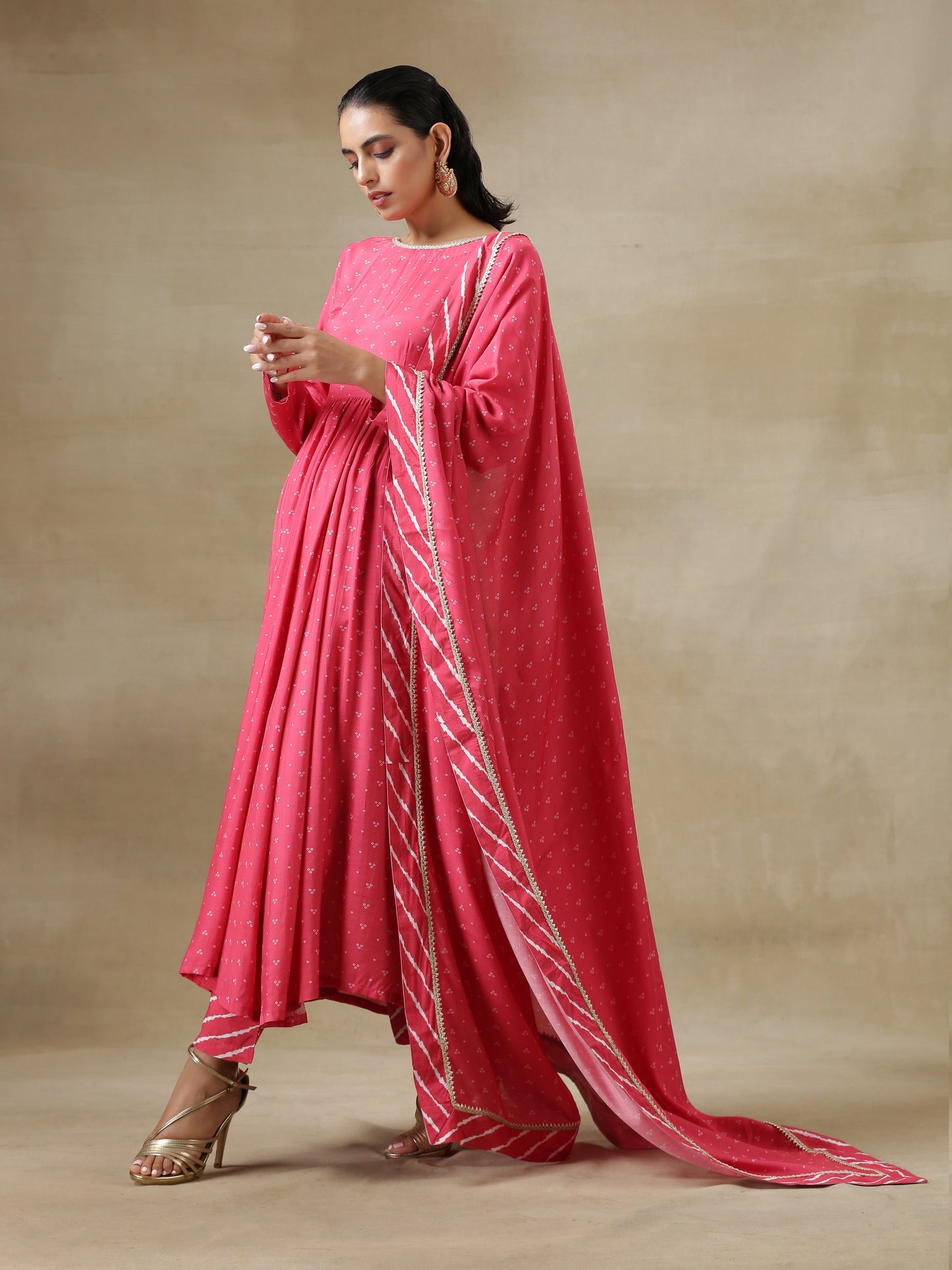 trueBrowns Pink Bandhani Printed Silk Anarkali Kurta Pant Dupatta Set | Swadesiicart