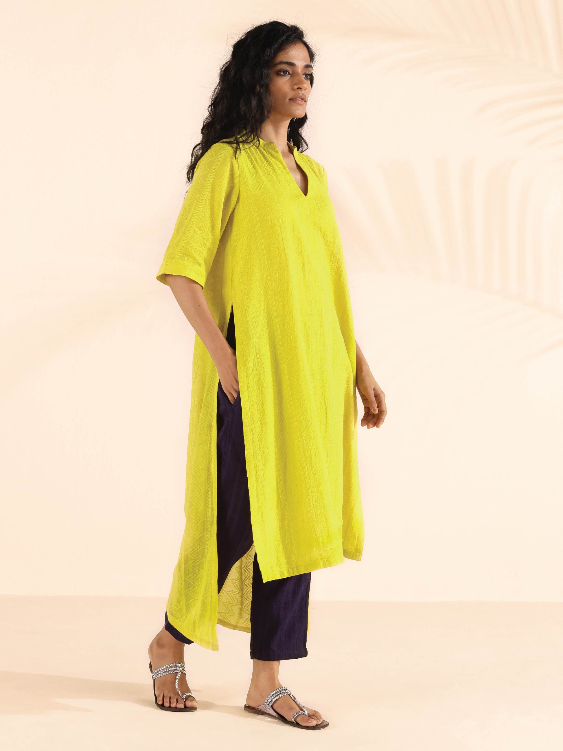 trueBrowns Lime Cotton Dobby High-Low Kurta Pant Set | Swadesiicart