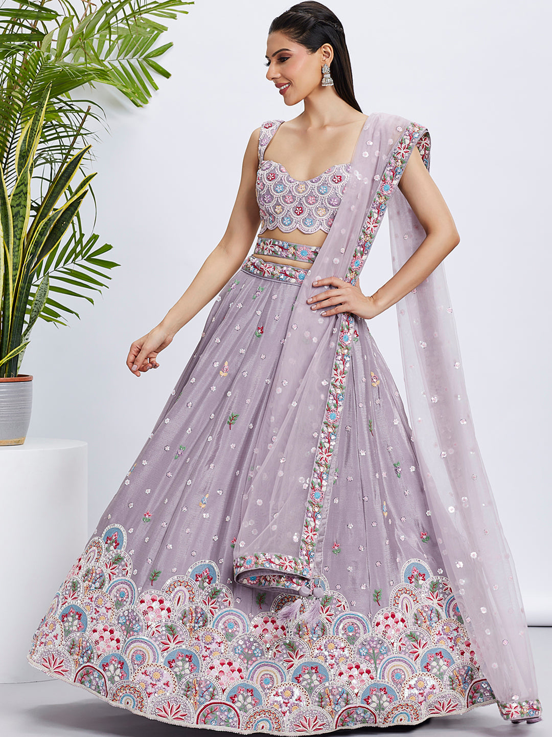 House of Panchhi Burgundy Pure Georgette Sequins And Thread Embroidery Lehenga Choli & Dupatta | Swadesiicart