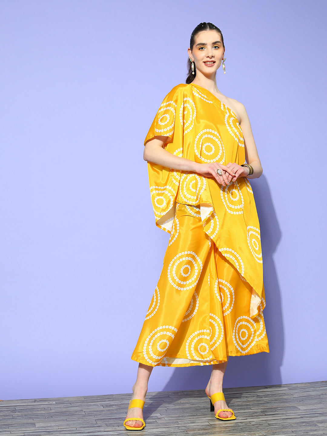 InWeave Women's Yellow Bandhani Motif One Shoulder Palazzo Set - Swadesiicart